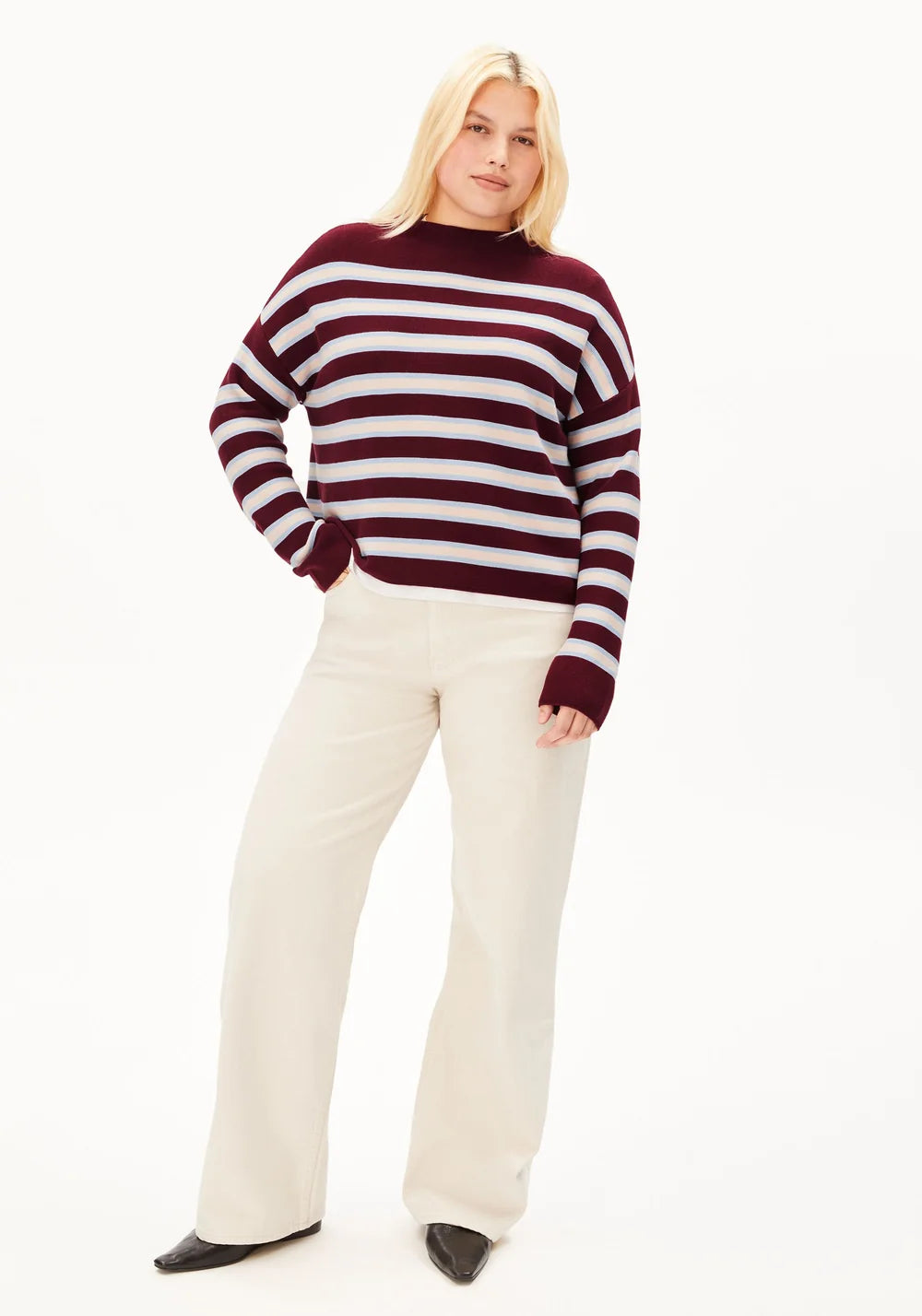 Armed Angels- Merinaa Striped Knitted Sweater in Velvet Red-Soft Blue-Oatmilk