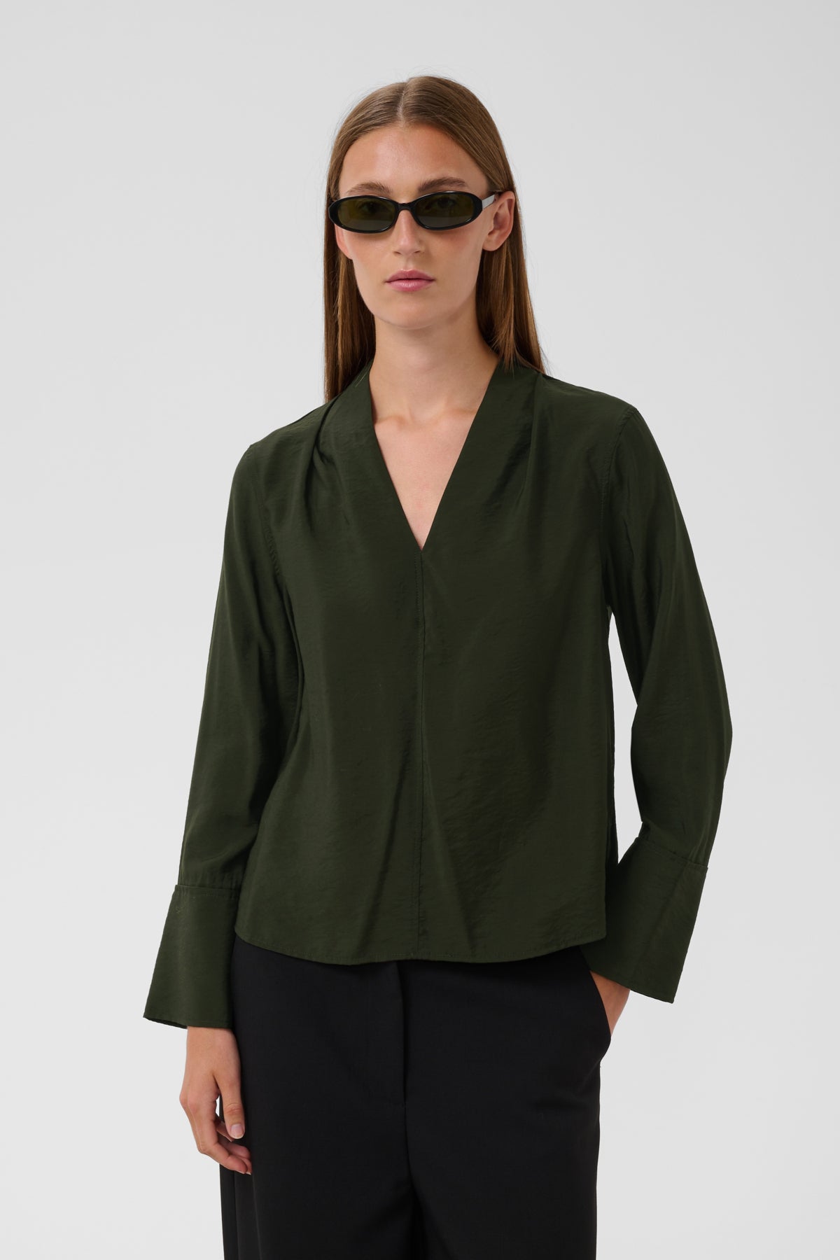 Soaked In Luxury- Leodora Merapi V-Neck Blouse in Rosin