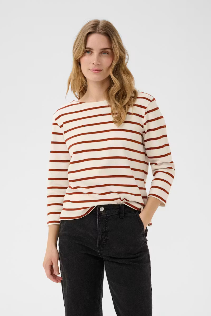 Part Two- Nela T Shirt in  Eggnog and Roasted Russet Stripe Red