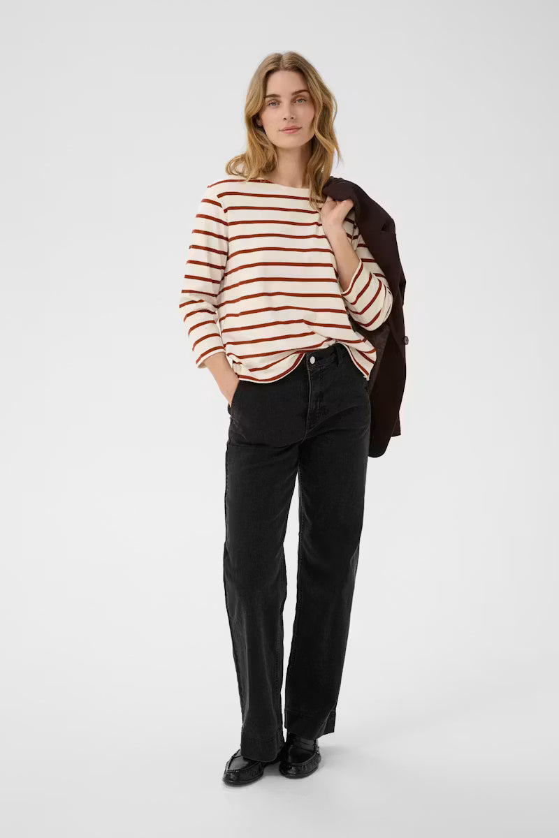 Part Two- Nela T Shirt in  Eggnog and Roasted Russet Stripe Red
