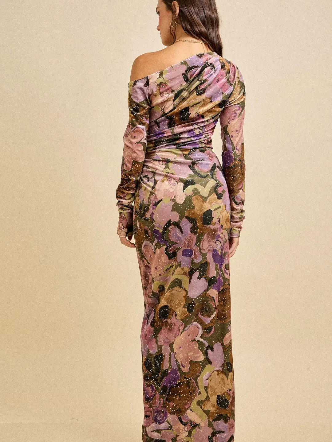 Skylar Rose- One Shoulder Velvet Glitter Holiday Maxi Dress in Olive Combo