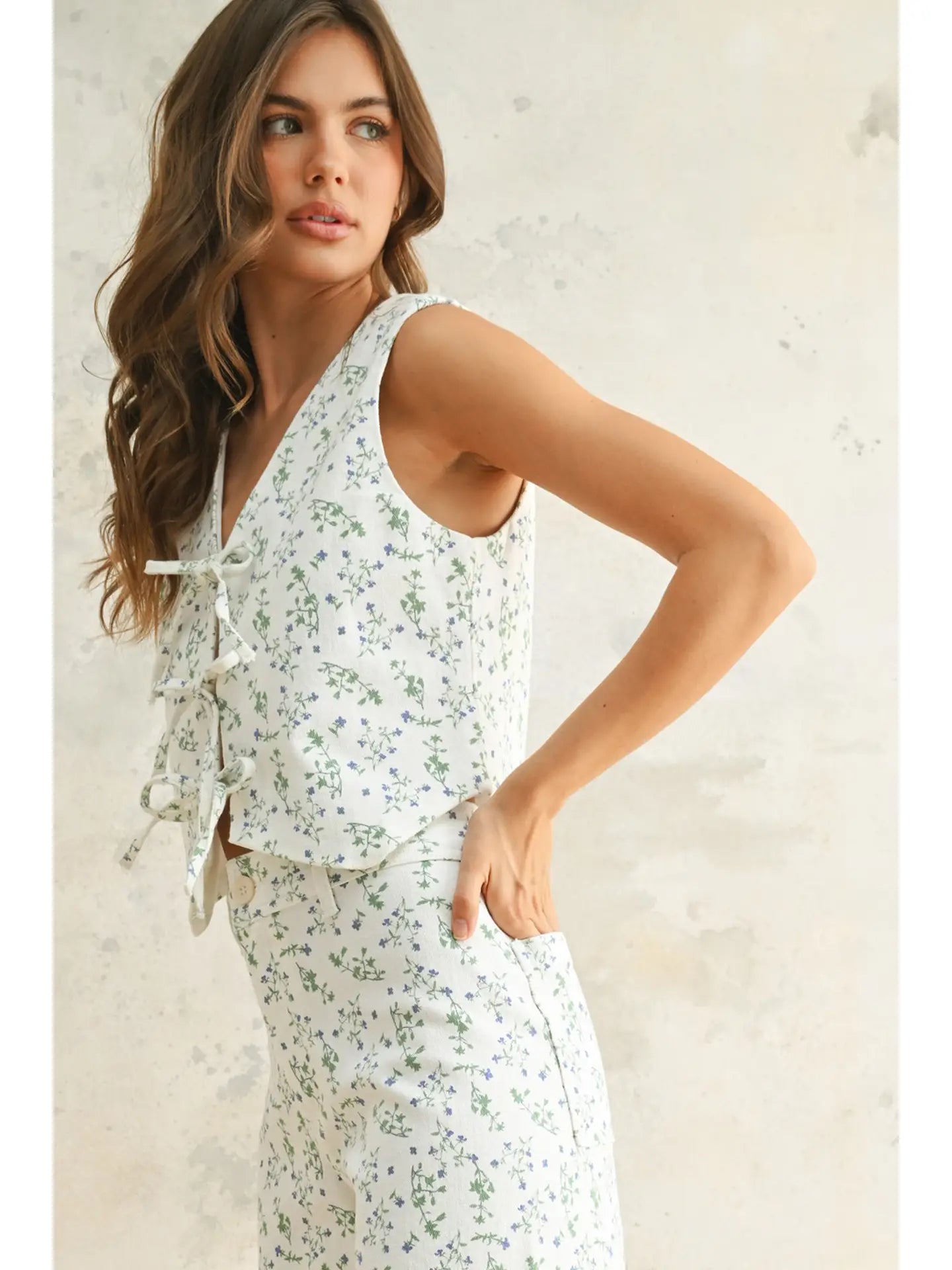 Miou Muse- Floral Print Vest with Tie Front