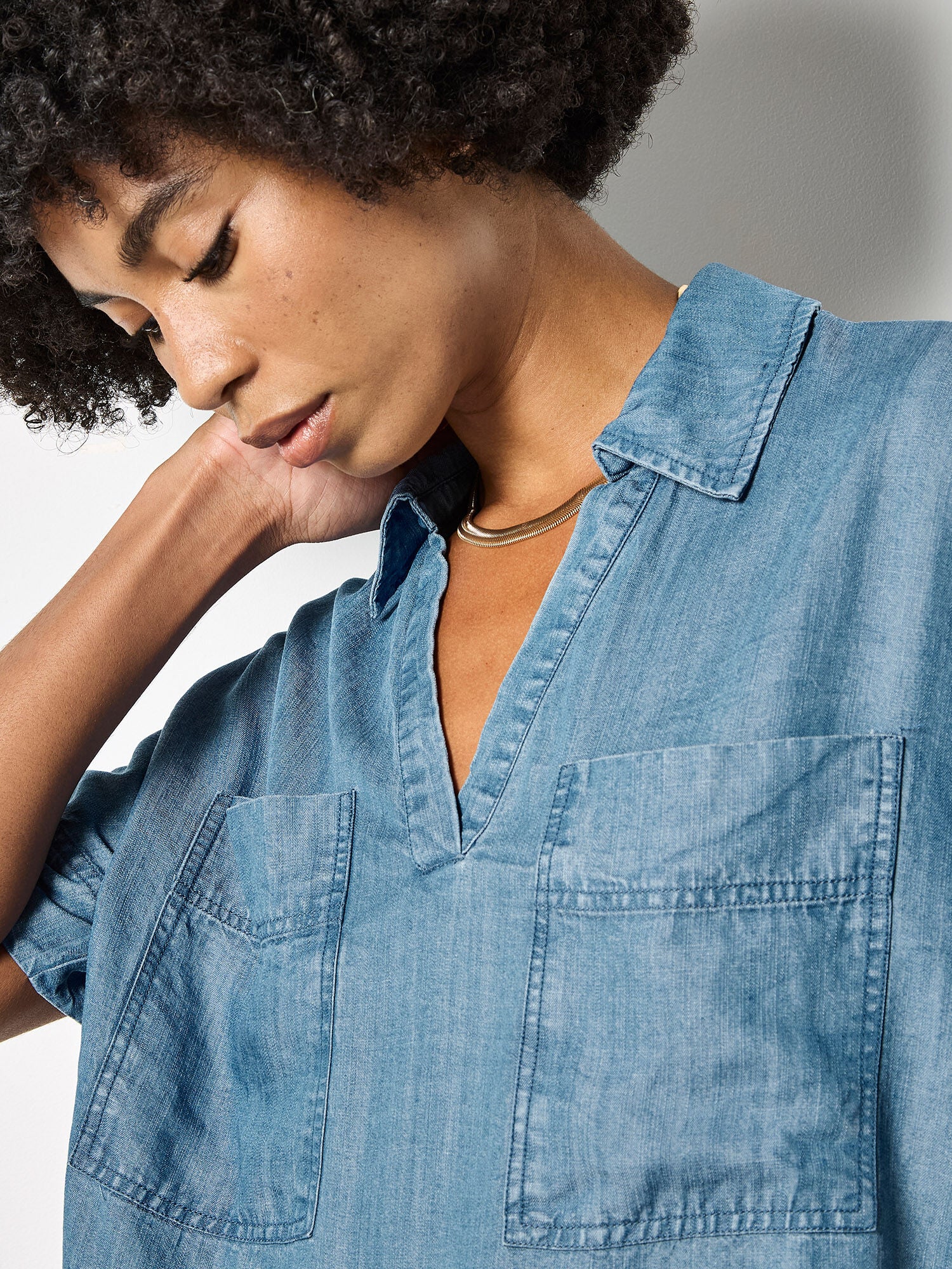 Apricot- Slub Open Neck Denim Shirt in Blue
