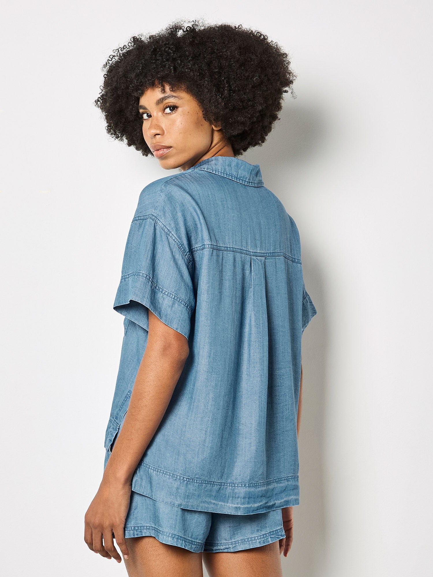 Apricot- Slub Open Neck Denim Shirt in Blue