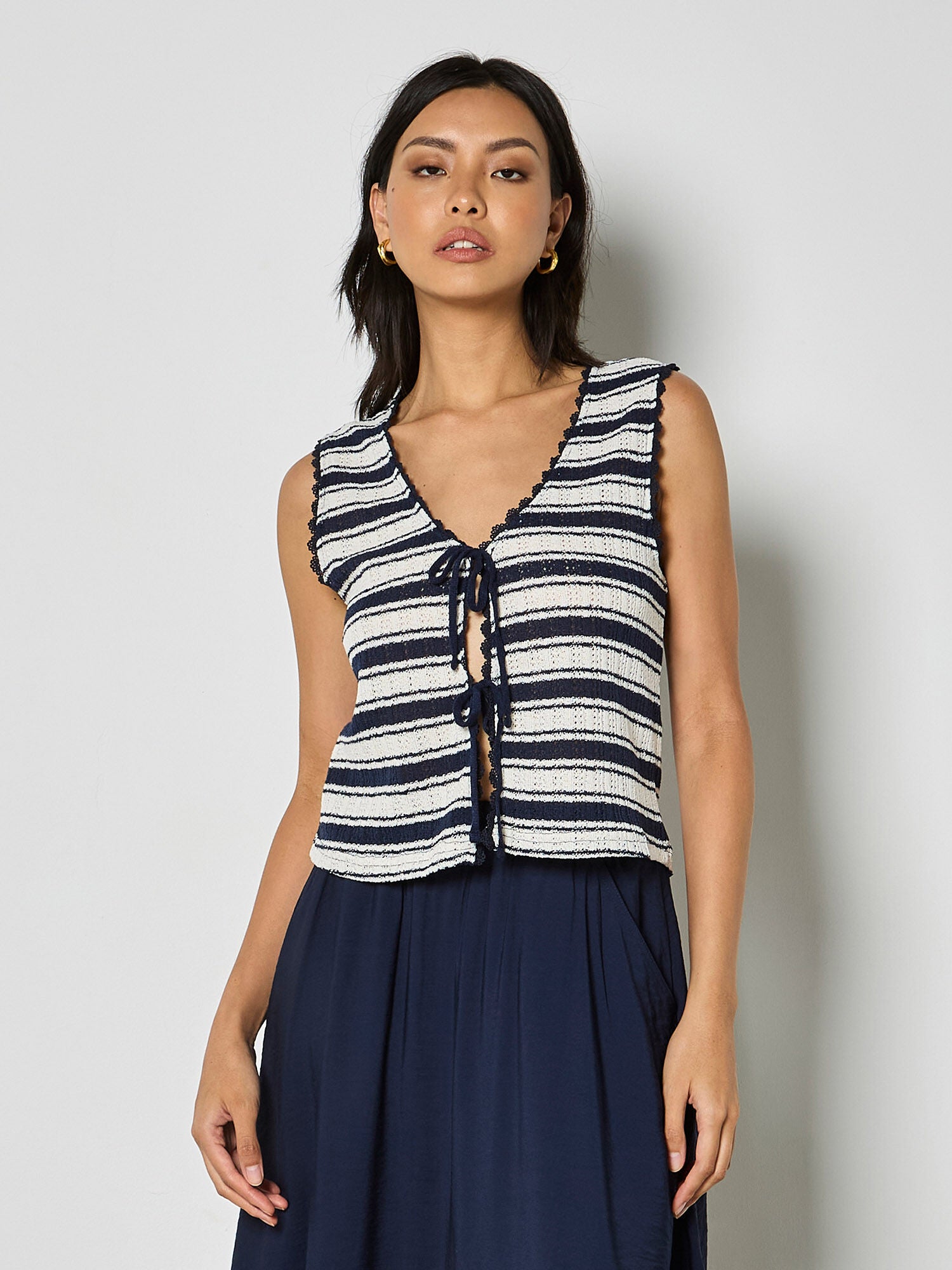 Apricot- Knitted Stripe Tie Top in Navy