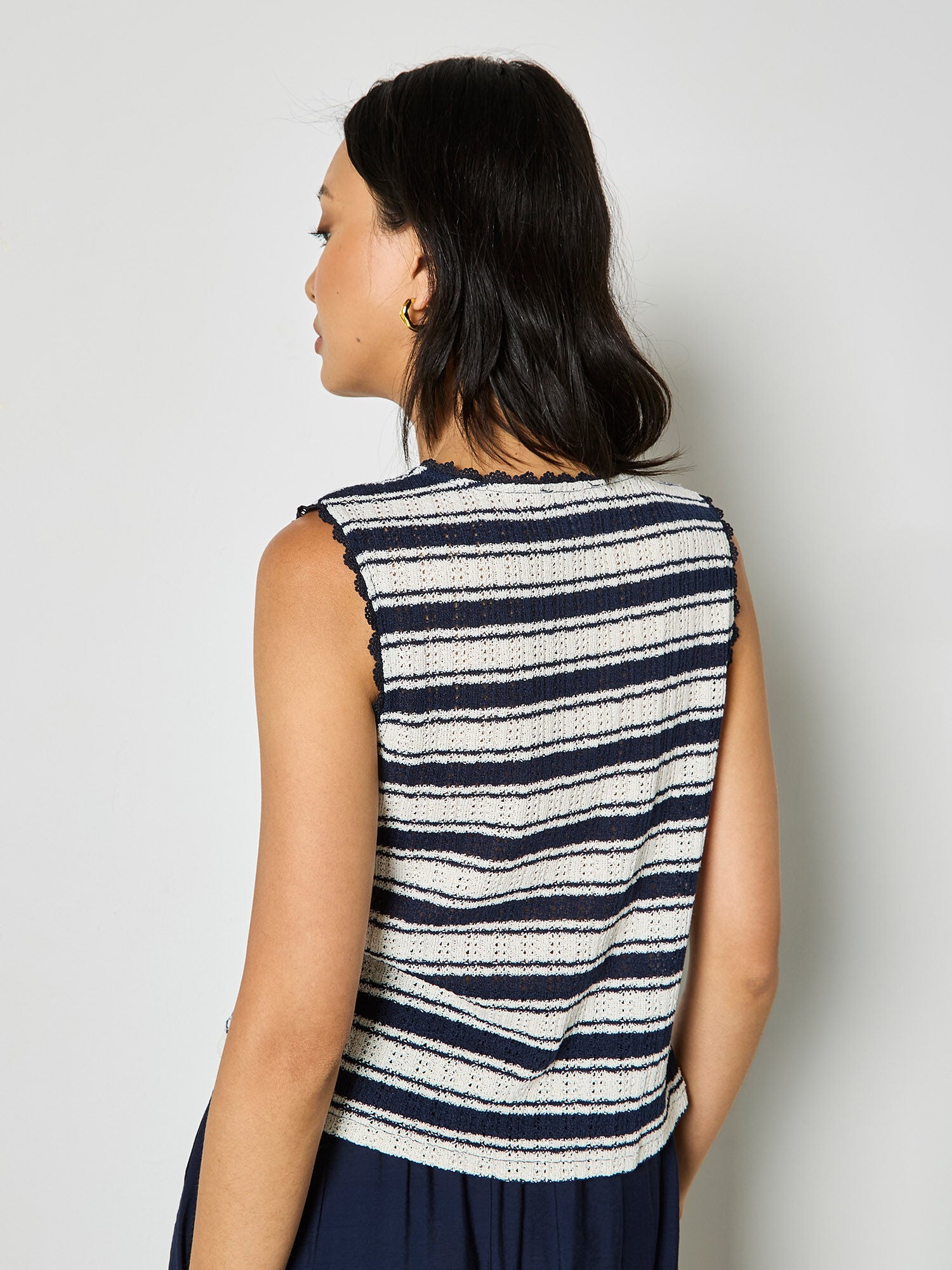 Apricot- Knitted Stripe Tie Top in Navy
