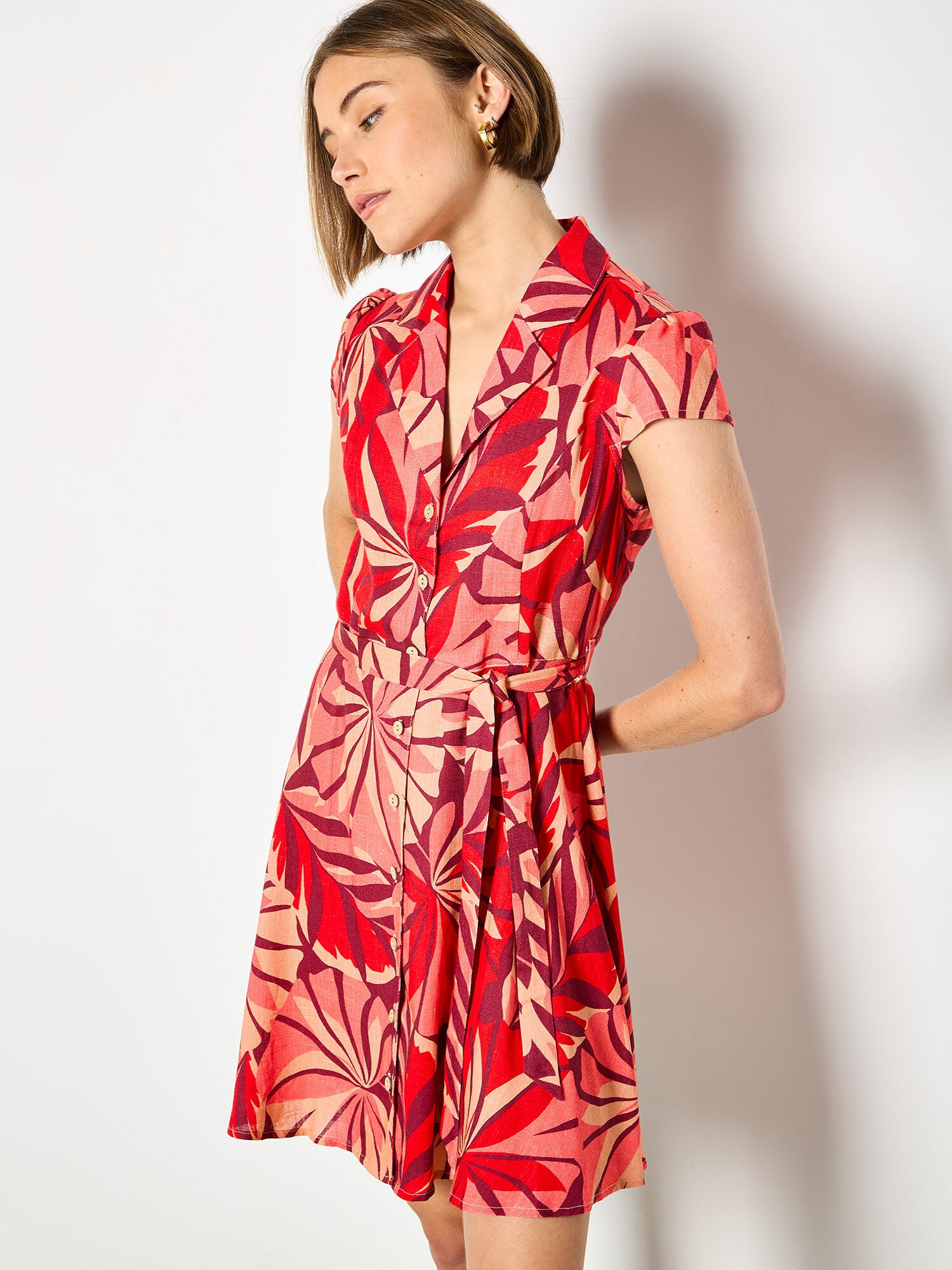 Apricot- Layered Tropical Button Dress in Red