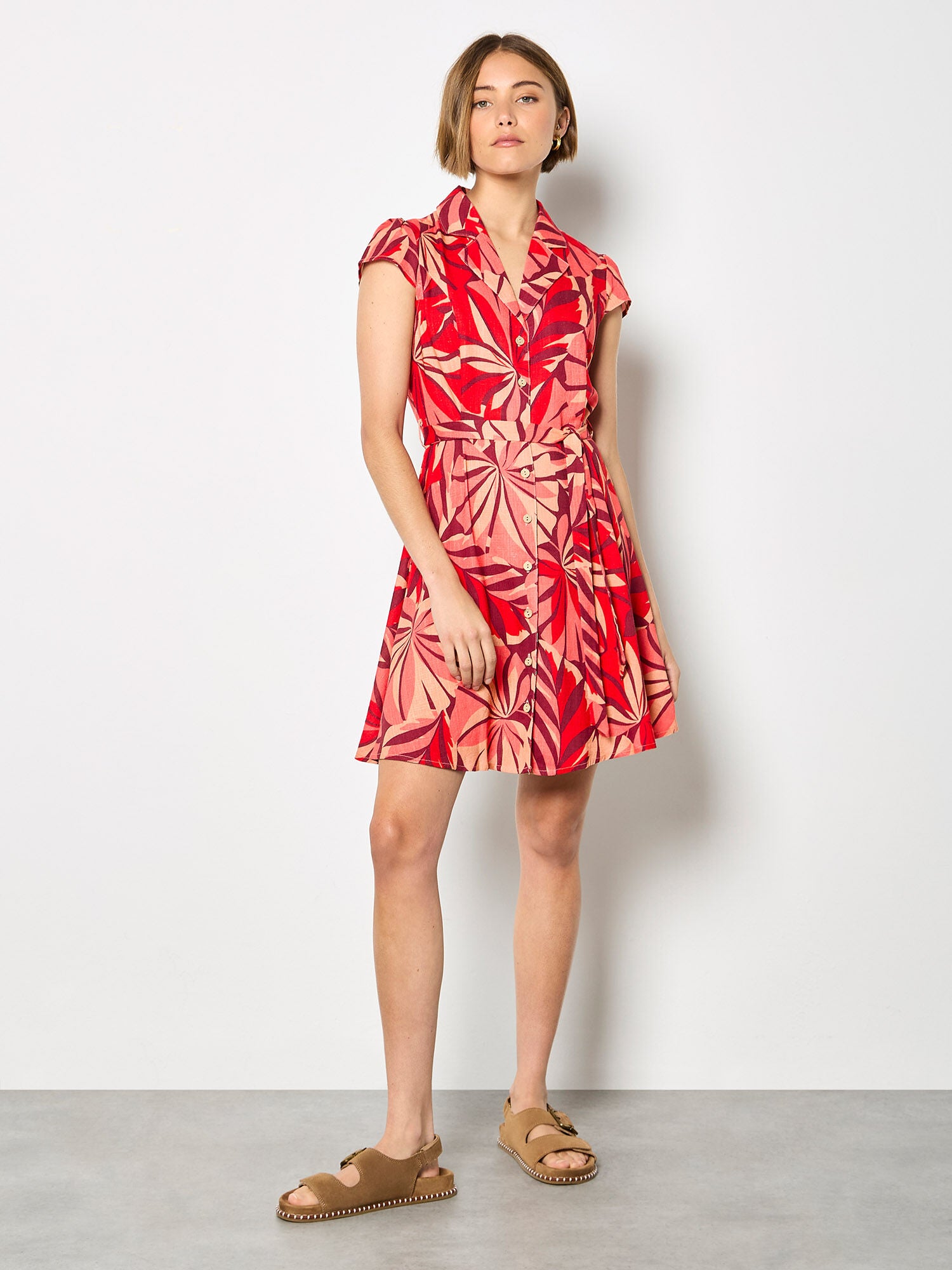 Apricot- Layered Tropical Button Dress in Red