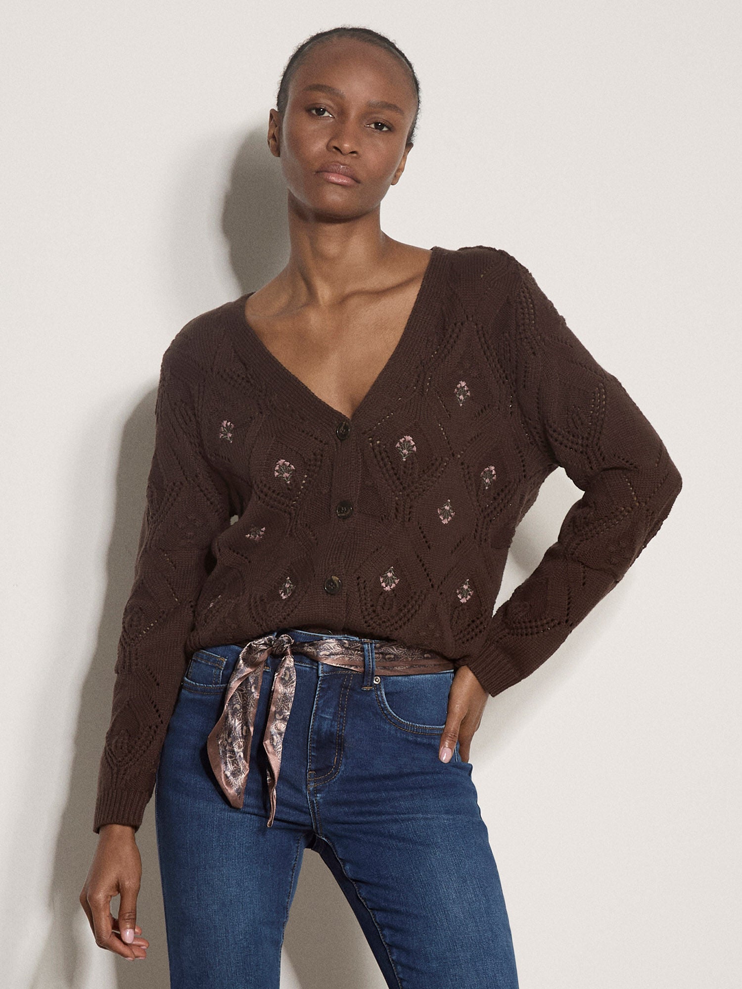Apricot- Pointelle Diamond Floral Cardigan in Brown