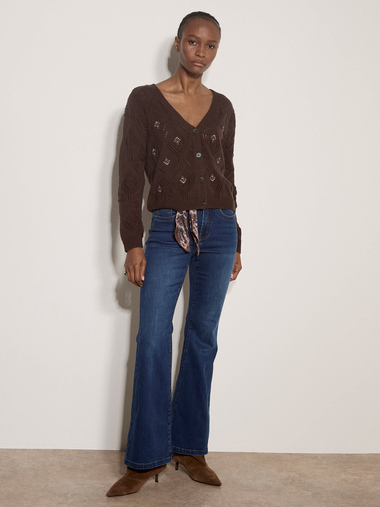 Apricot- Pointelle Diamond Floral Cardigan in Brown