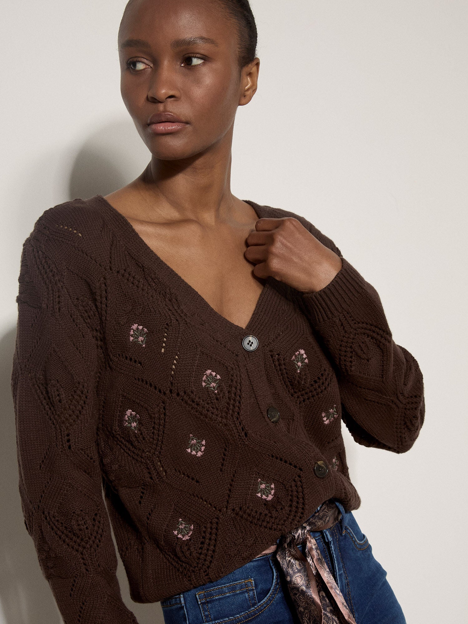 Apricot- Pointelle Diamond Floral Cardigan in Brown
