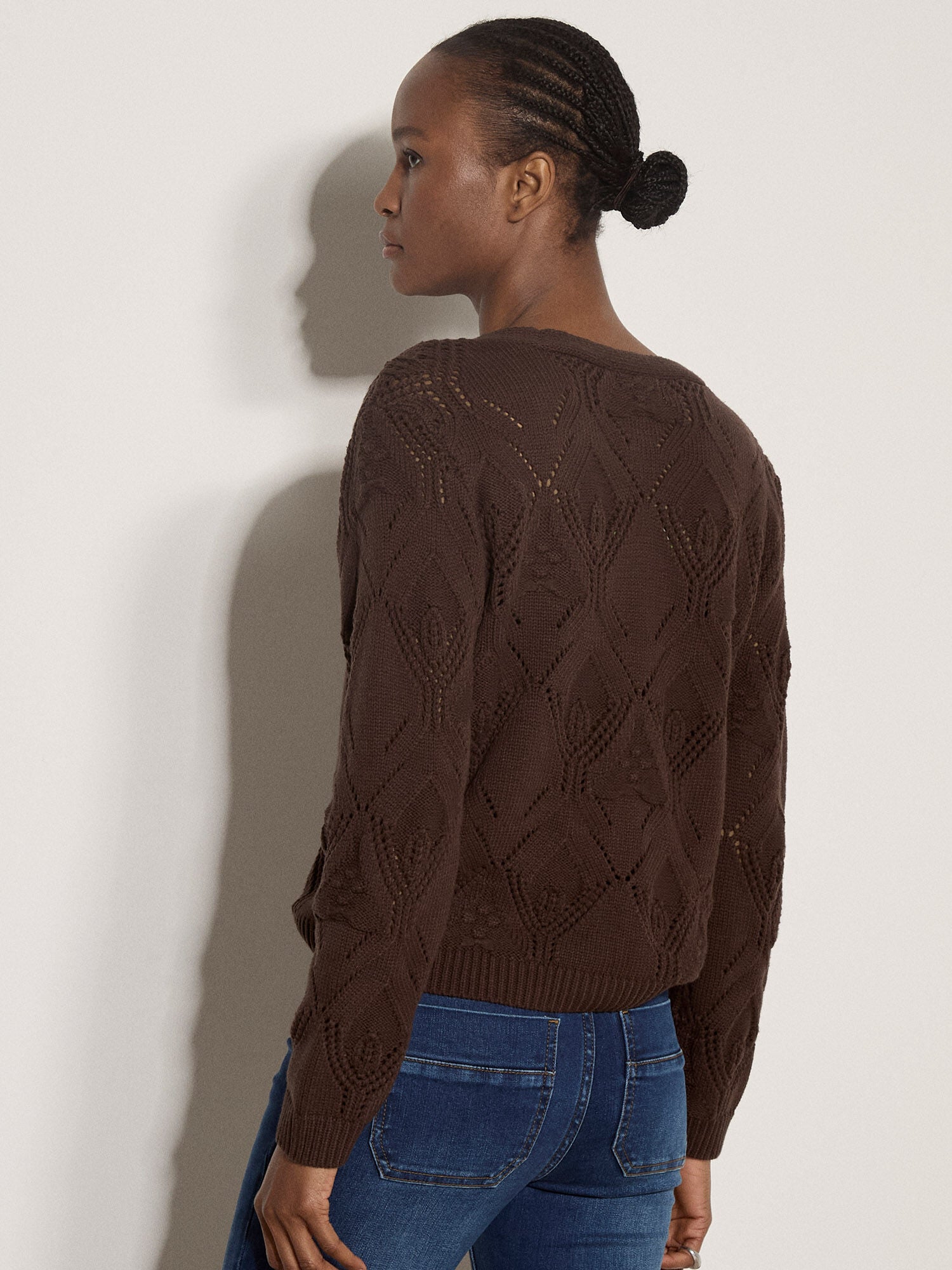 Apricot- Pointelle Diamond Floral Cardigan in Brown