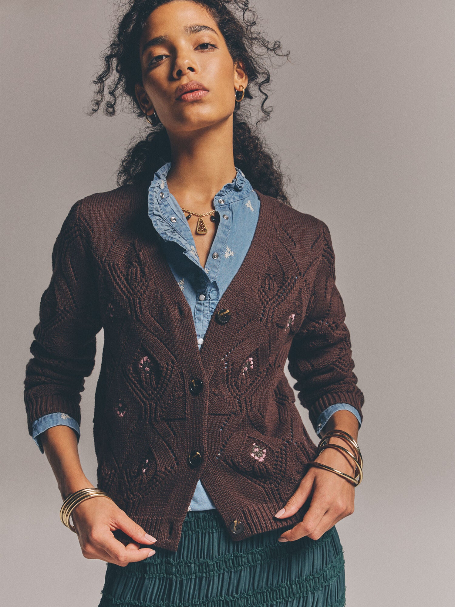 Apricot- Pointelle Diamond Floral Cardigan in Brown