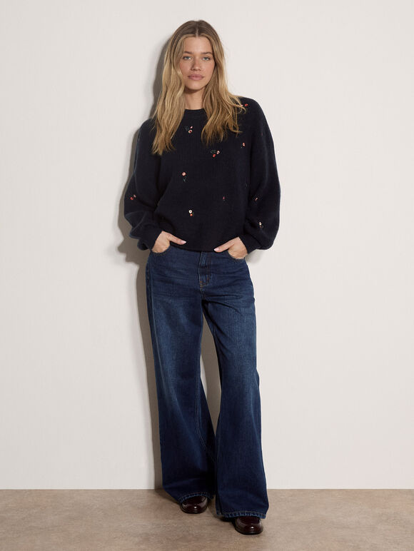 Apricot- Mini Floral Embroidered Sweater in Navy