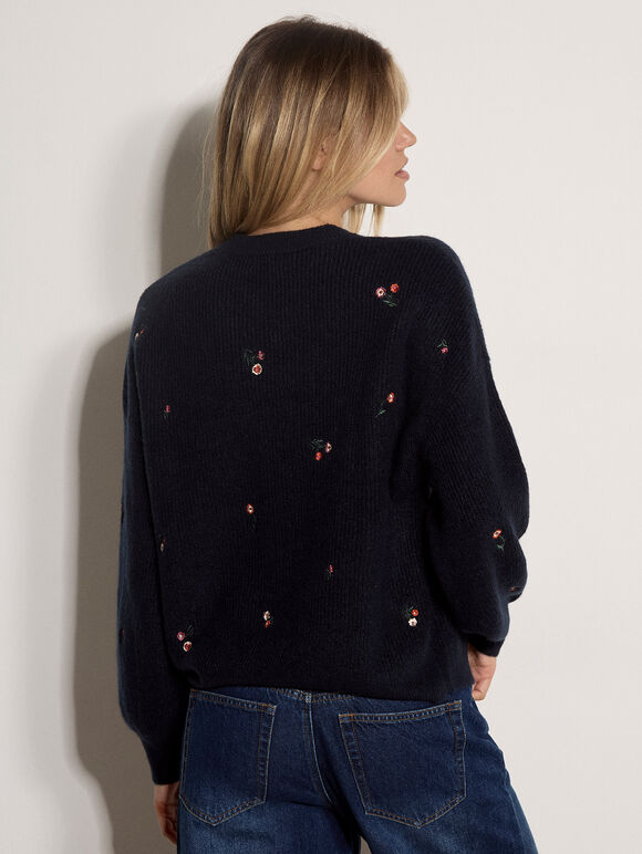 Apricot- Mini Floral Embroidered Sweater in Navy