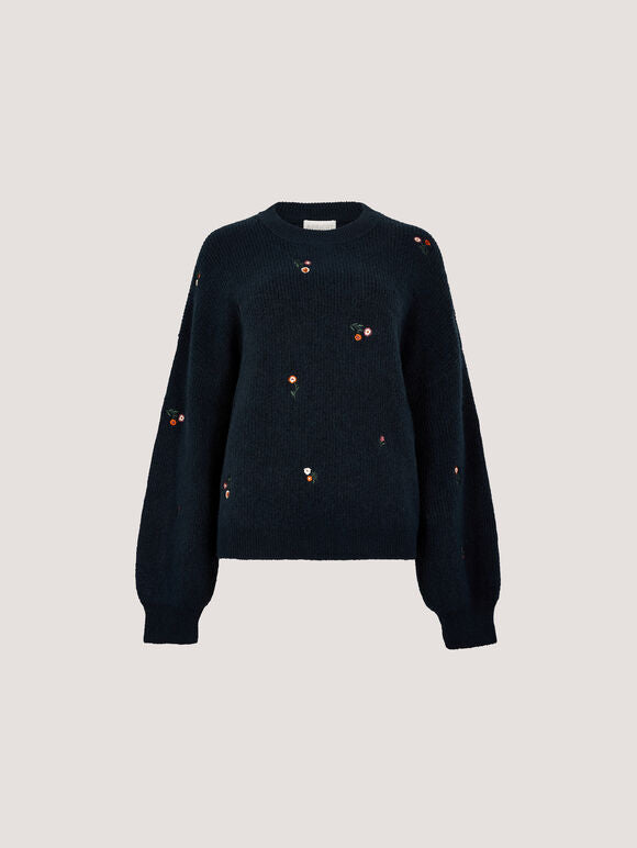 Apricot- Mini Floral Embroidered Sweater in Navy