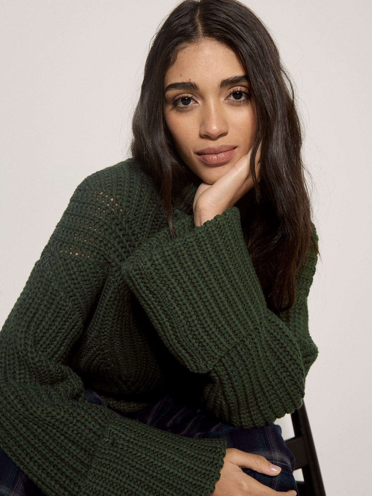 Apricot- Chunky Cable High Neck Sweater in Green