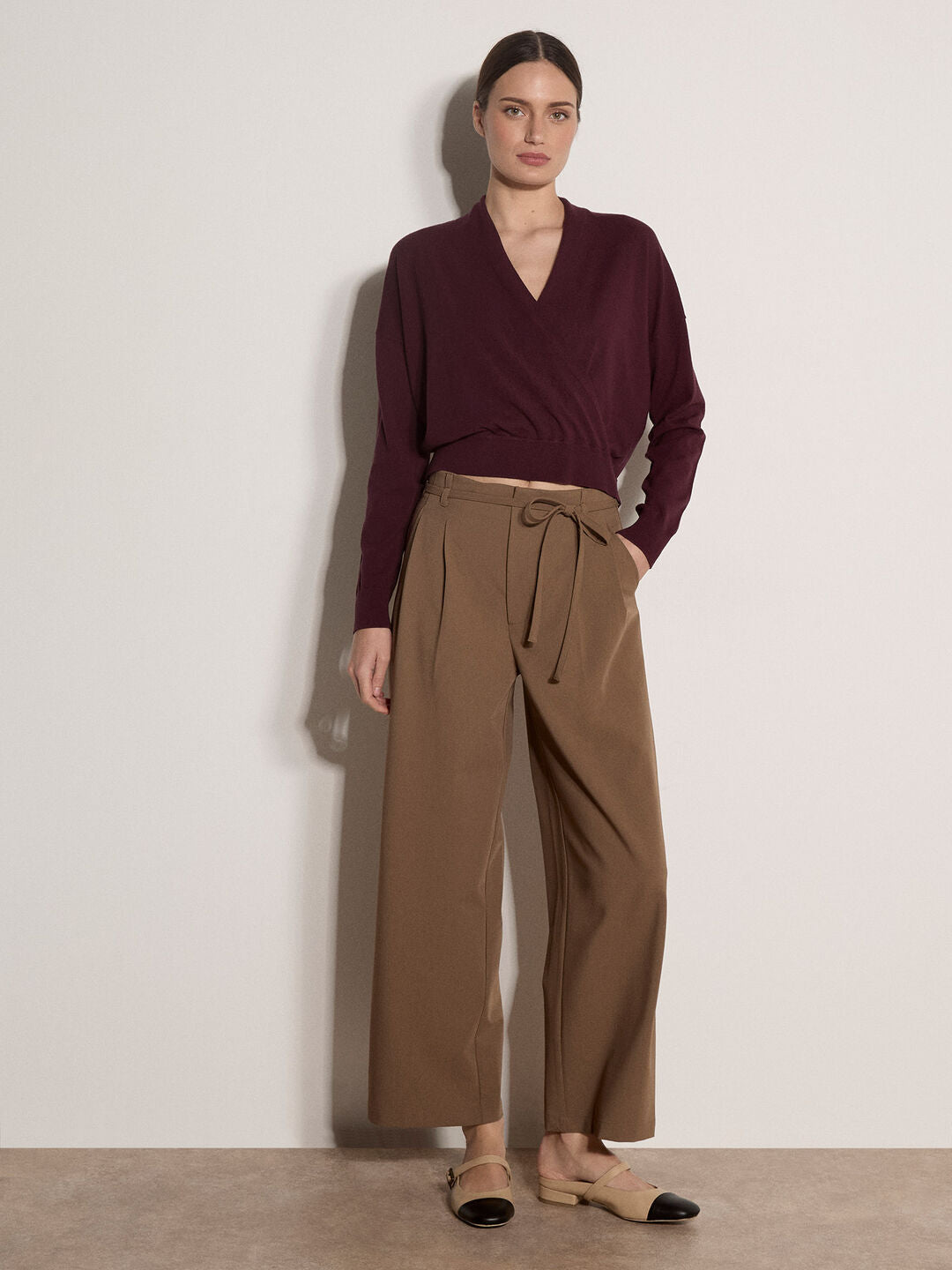 Apricot- Soft Fine Knit Wrap Jumper in Burgundy