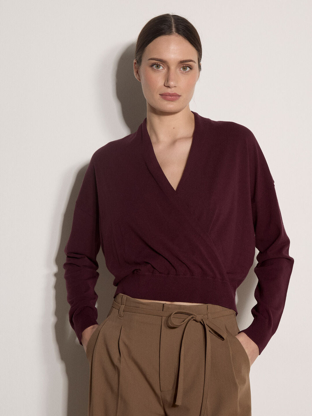 Apricot- Soft Fine Knit Wrap Jumper in Burgundy