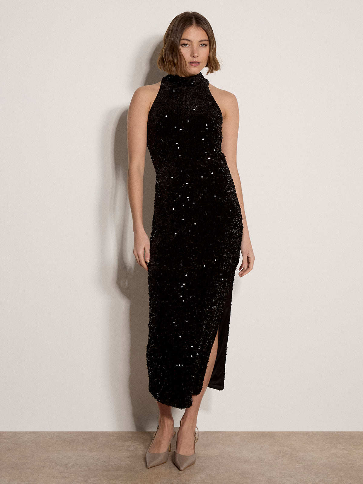Apricot- Velvet Sequin Halter Split Dress in Black