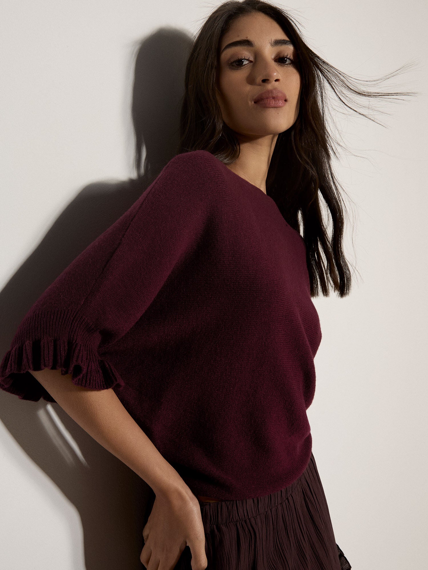Apricot- Soft Knit Batwing Top in Burgundy