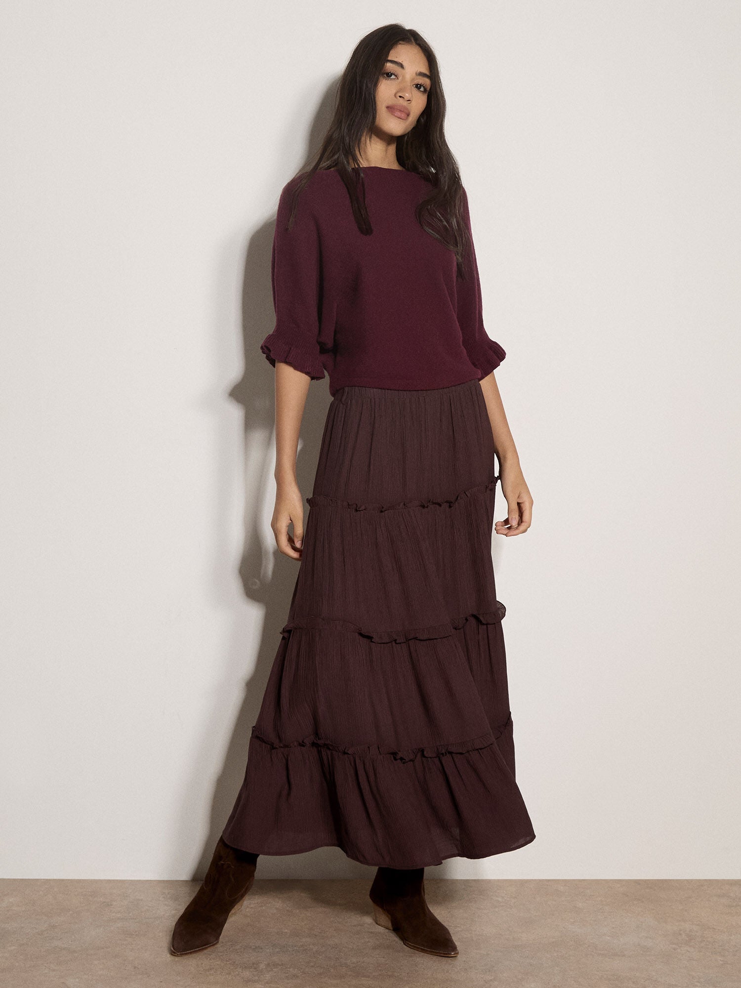 Apricot- Soft Knit Batwing Top in Burgundy