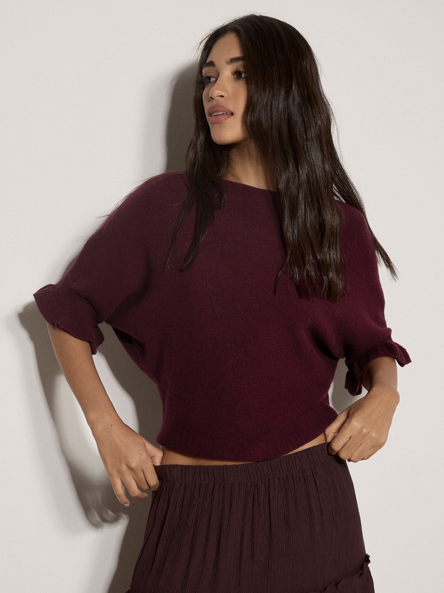 Apricot- Soft Knit Batwing Top in Burgundy