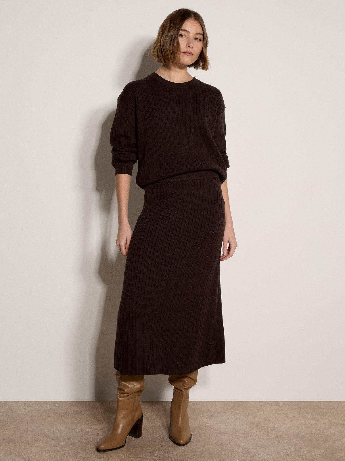 Apricot- Fine Gauge Cable Knit Batwing Skirt in Brown