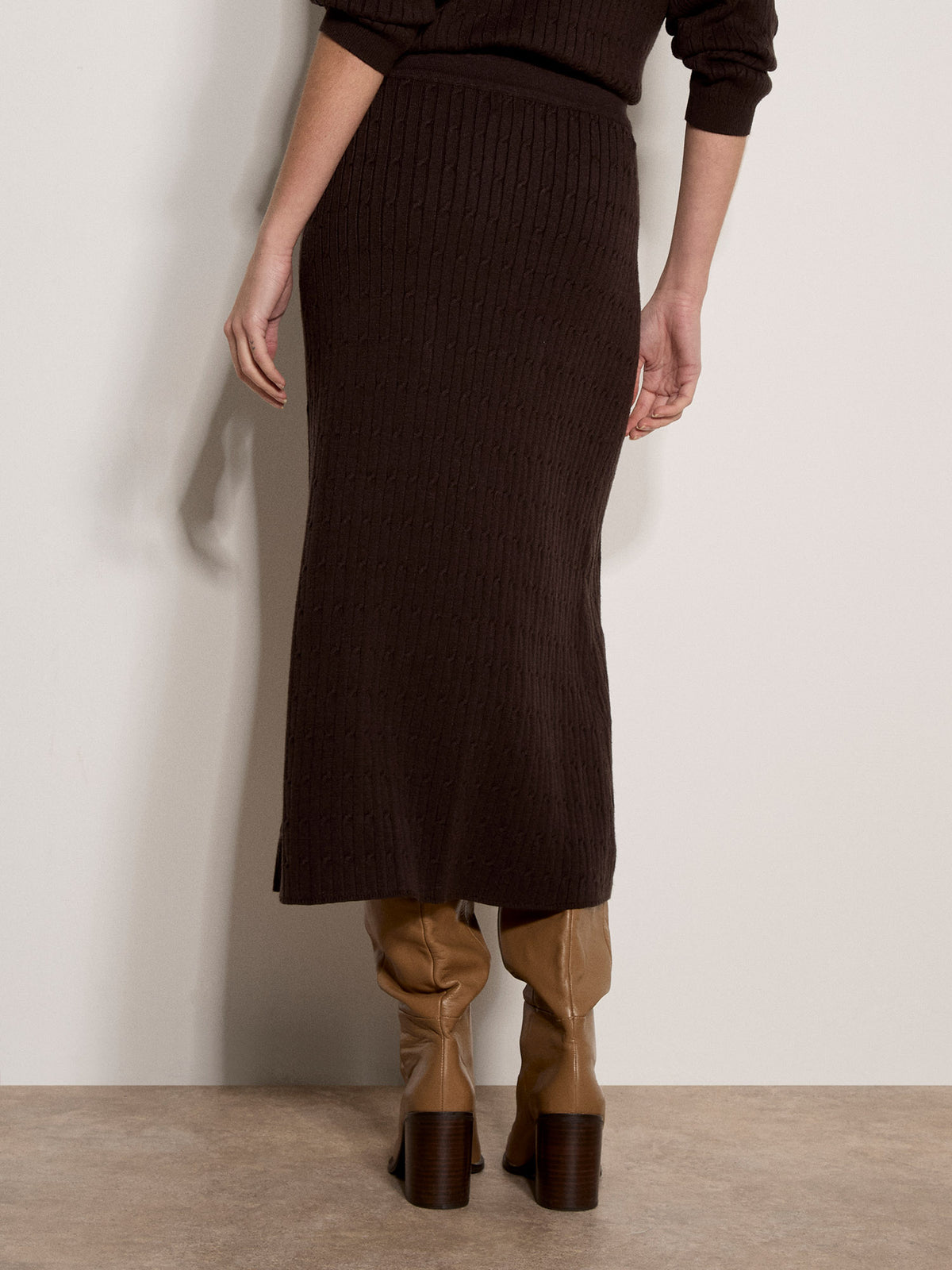 Apricot- Fine Gauge Cable Knit Batwing Skirt in Brown