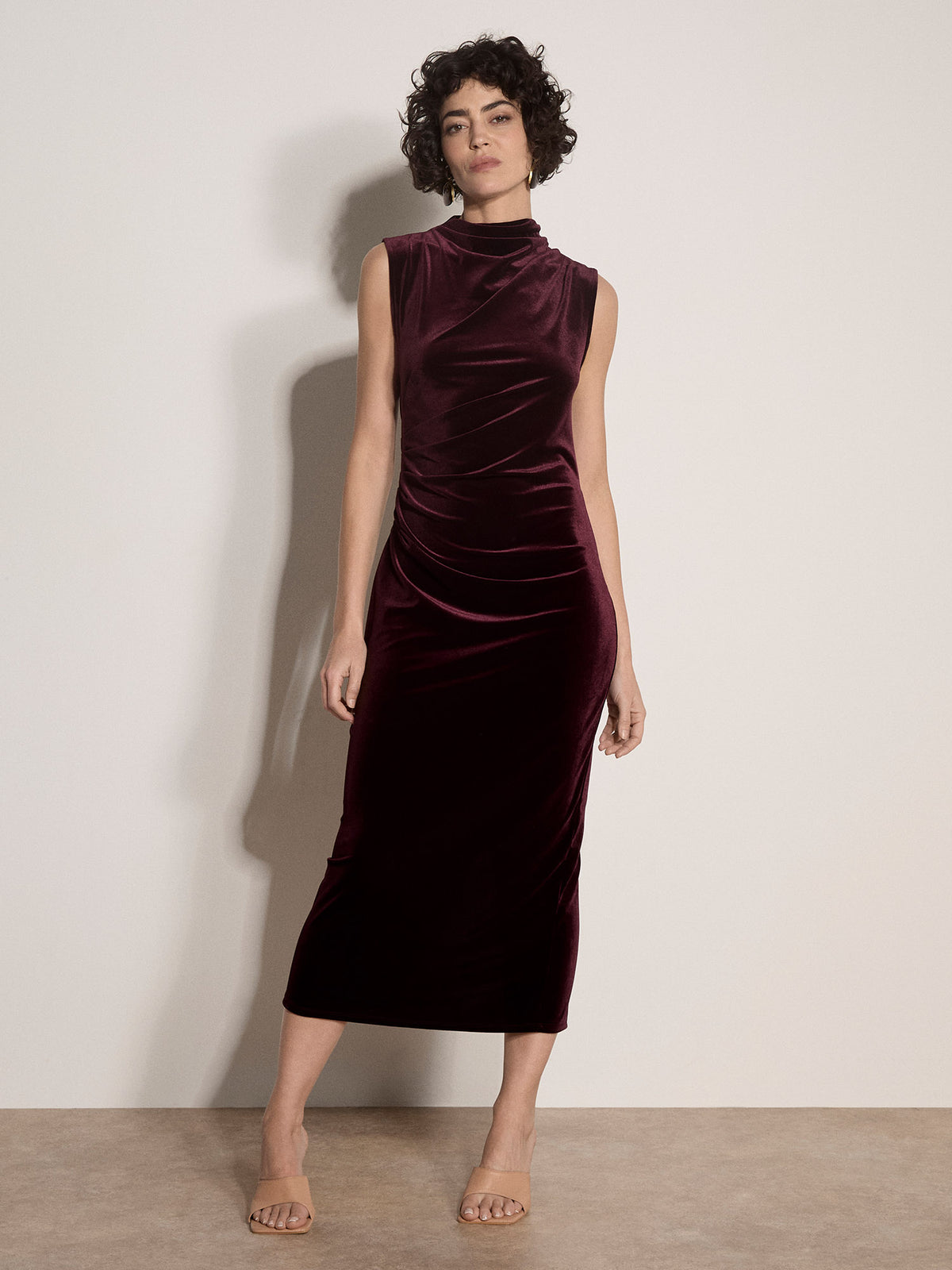Apricot- Velvet High Neck Bodycon Dress in Burgundy