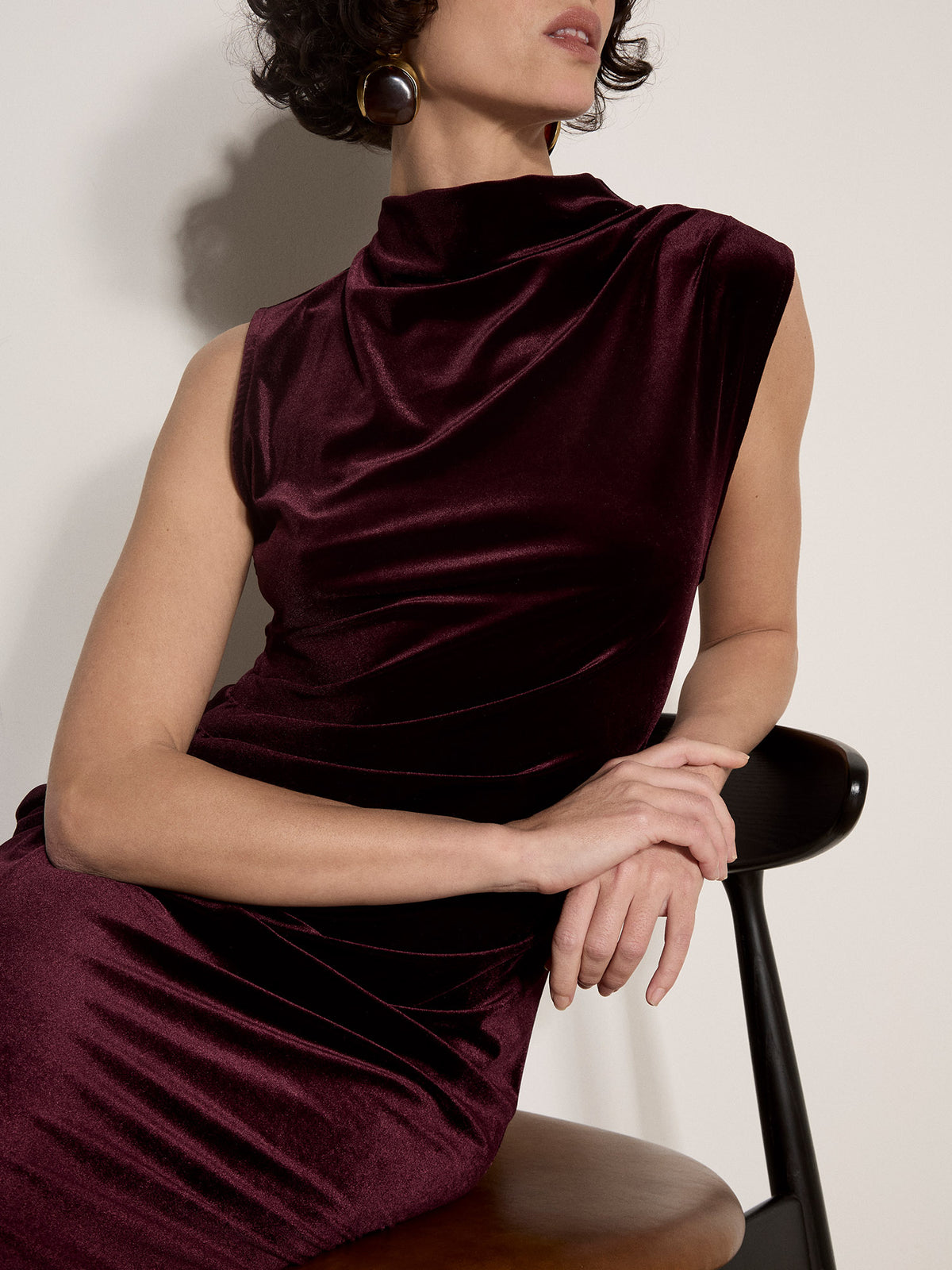Apricot- Velvet High Neck Bodycon Dress in Burgundy