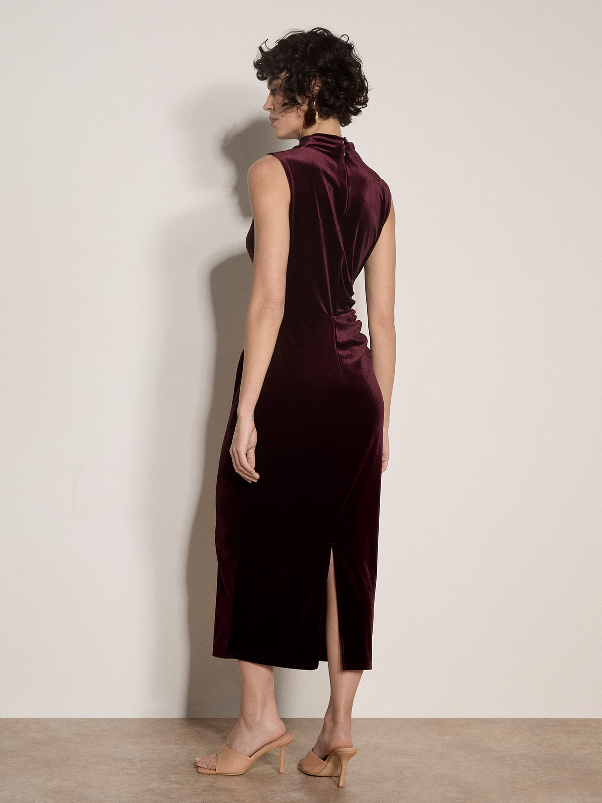Apricot- Velvet High Neck Bodycon Dress in Burgundy