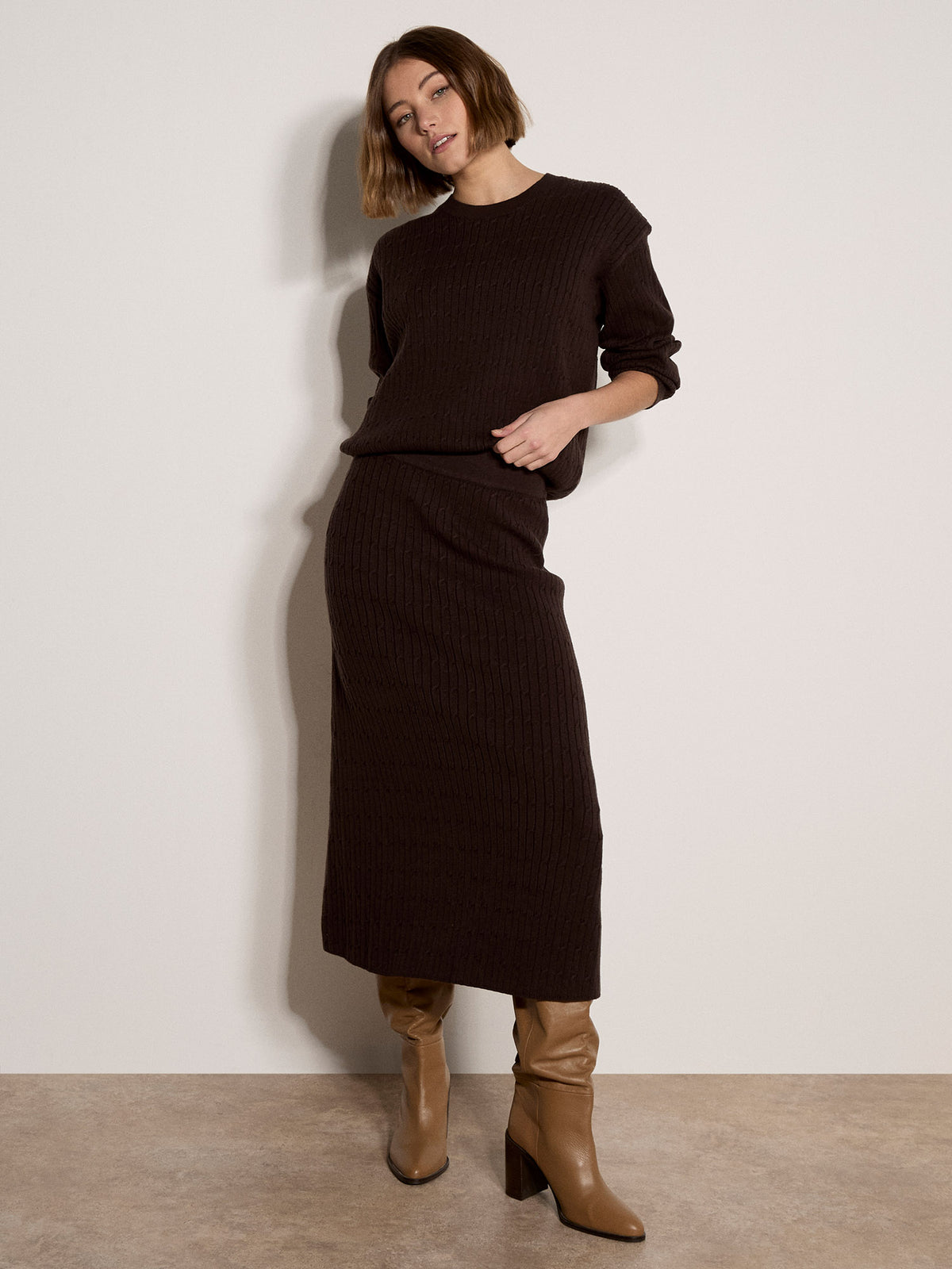 Apricot- Fine Gauge Cable Knit Batwing Sweater in Brown