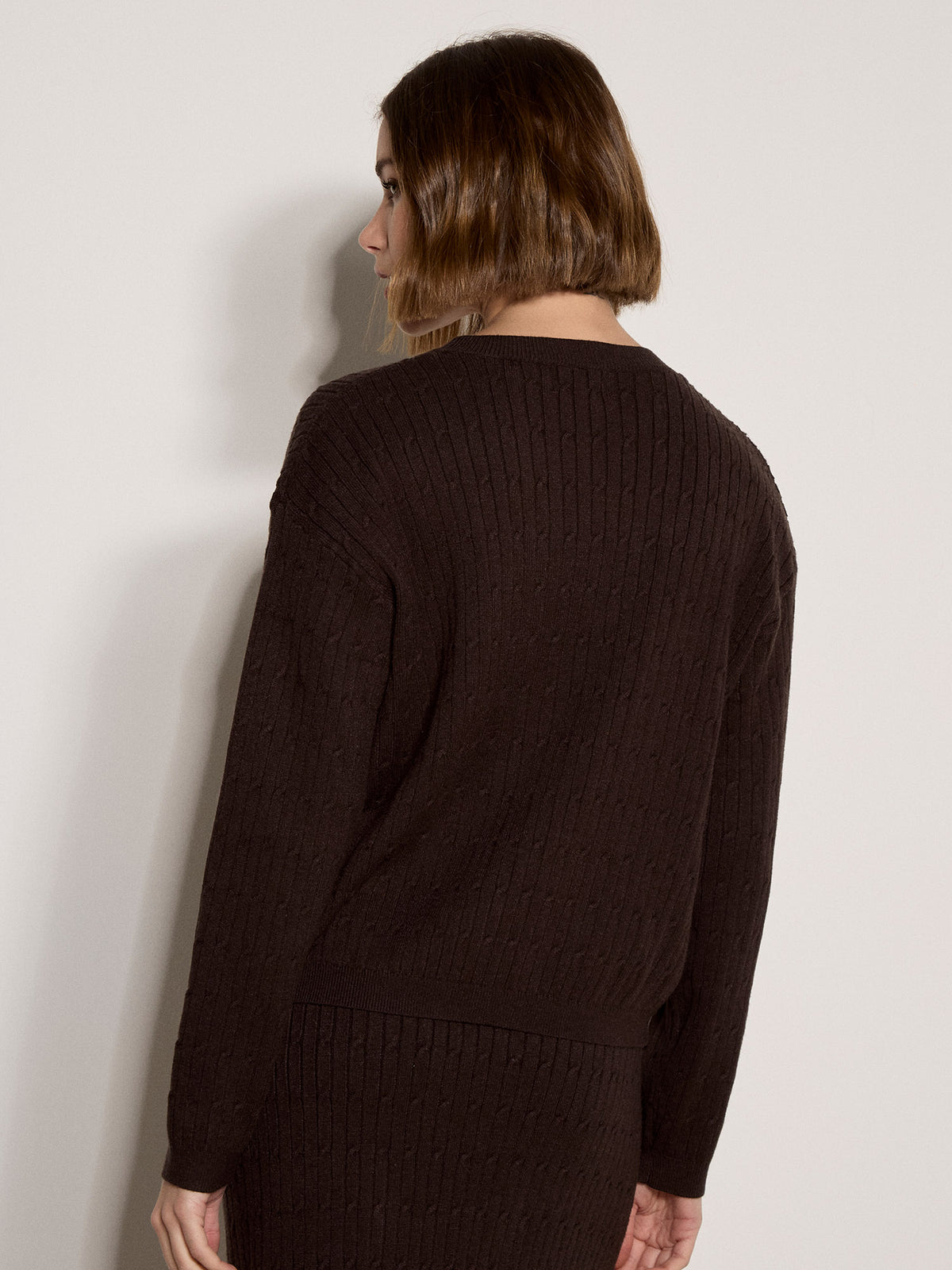 Apricot- Fine Gauge Cable Knit Batwing Sweater in Brown
