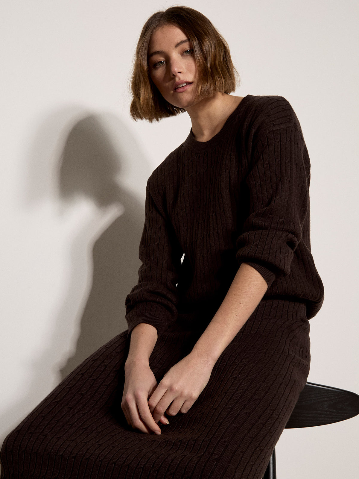 Apricot- Fine Gauge Cable Knit Batwing Sweater in Brown