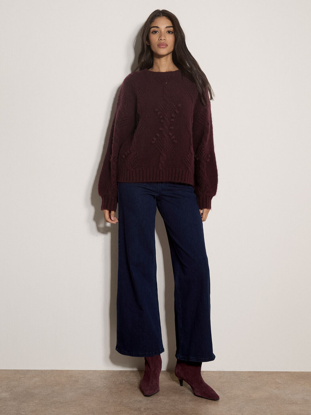 Apricot- Brushed Bobble Cable Knit Jumper in Plum