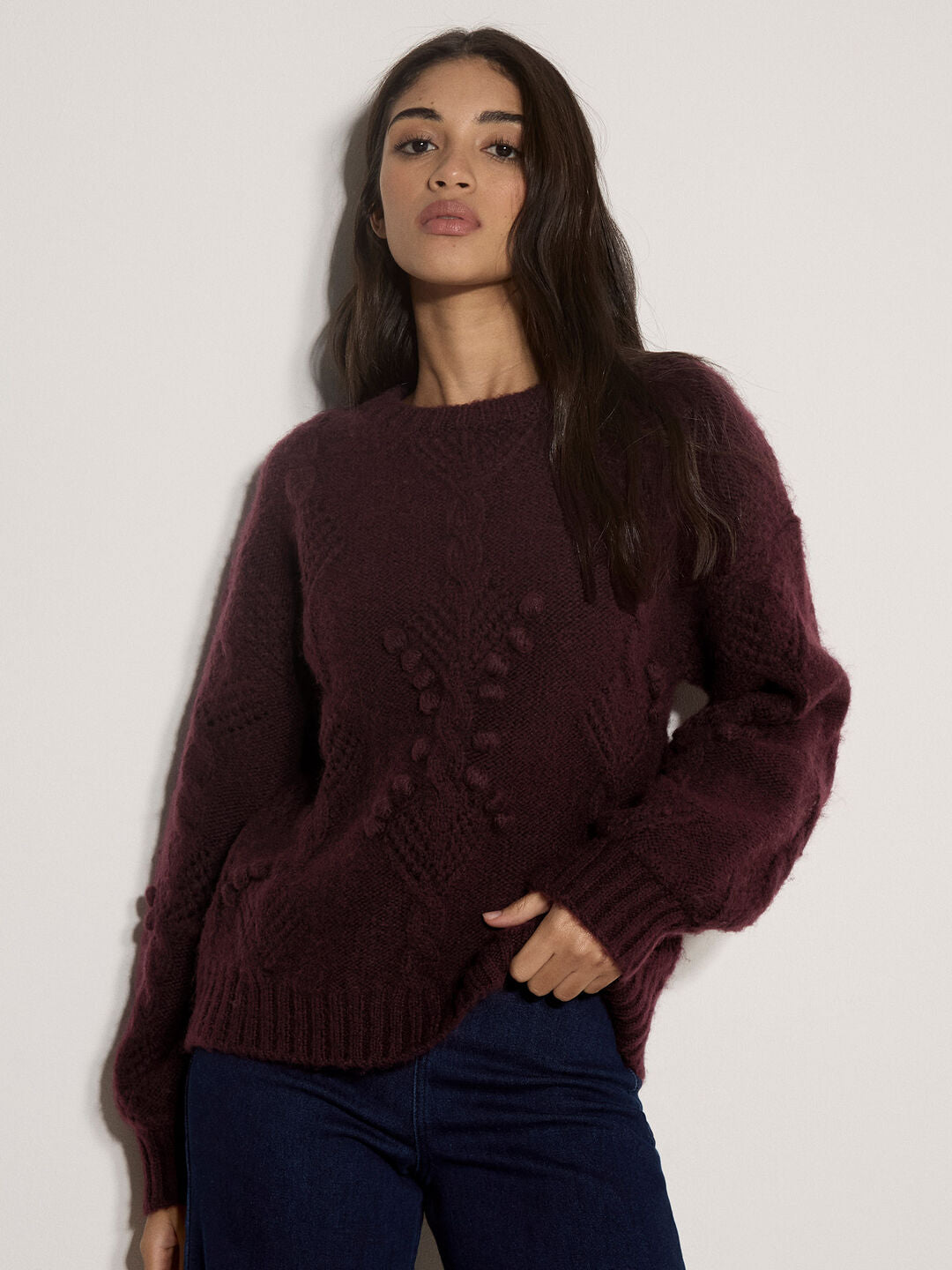 Apricot- Brushed Bobble Cable Knit Jumper in Plum