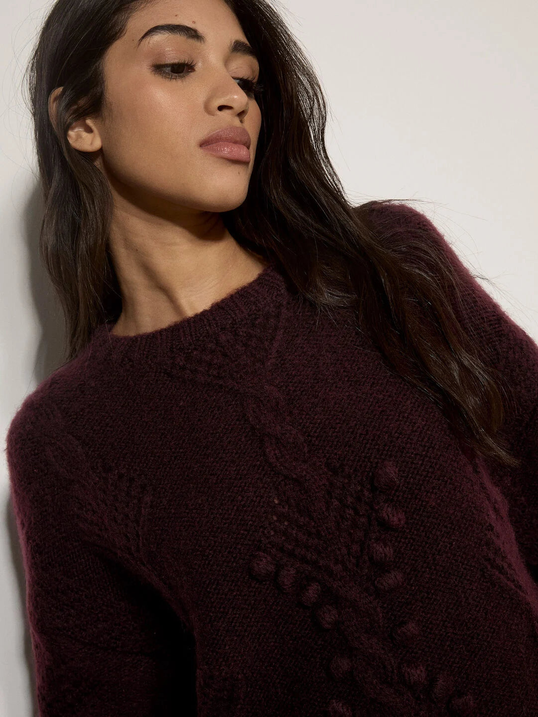 Apricot- Brushed Bobble Cable Knit Jumper in Plum