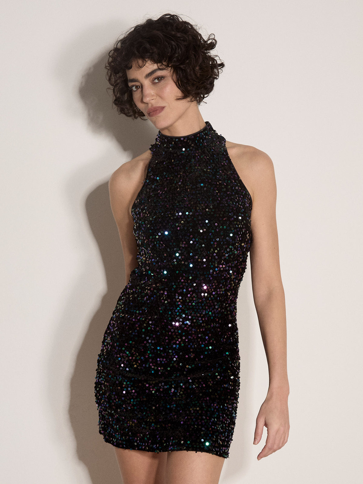 Apricot- Velvet Sequin Halter Mini Dress in Assorted