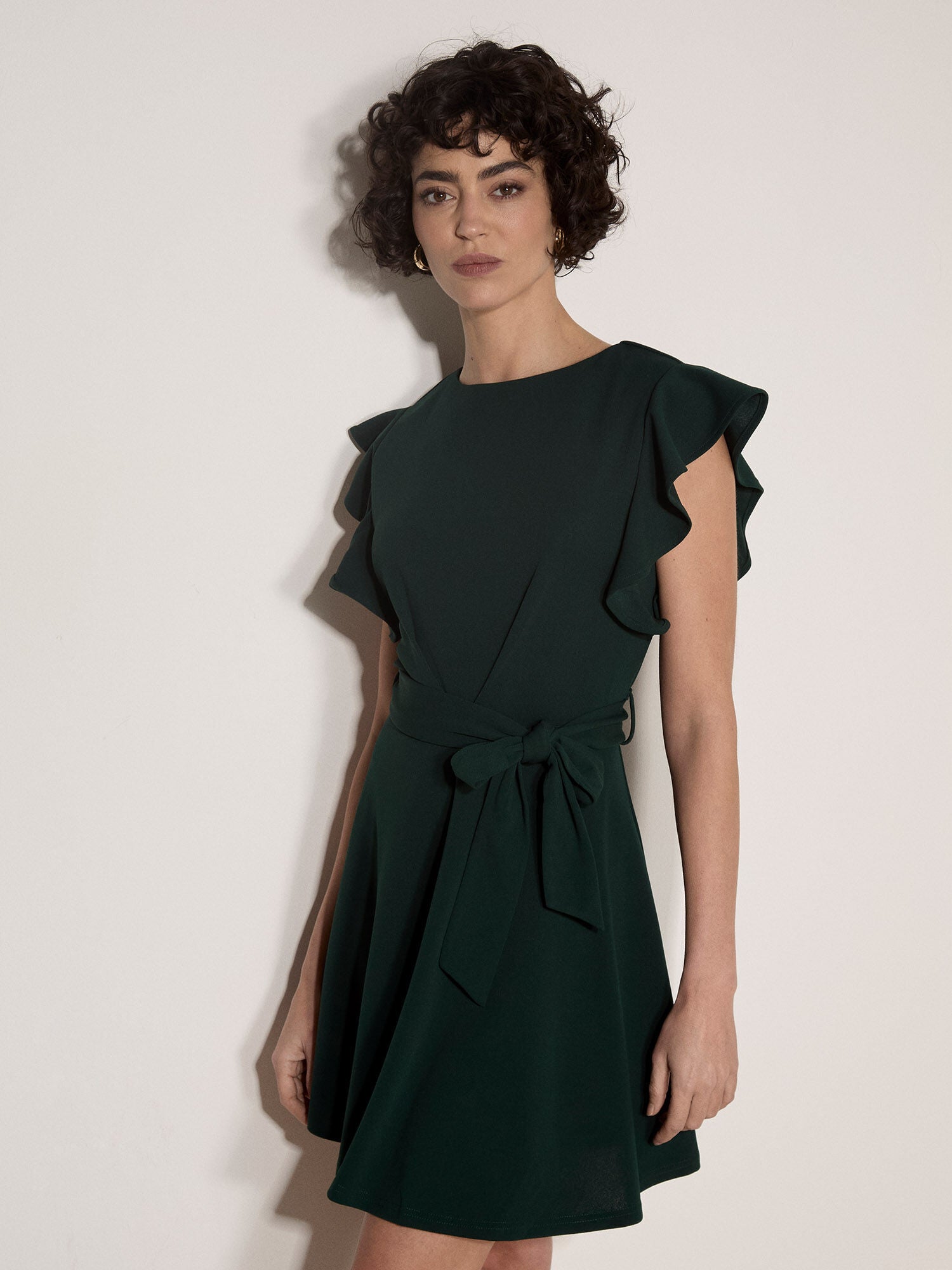 Apricot- Jersey Crepe Ruffle Mini Dress in Green