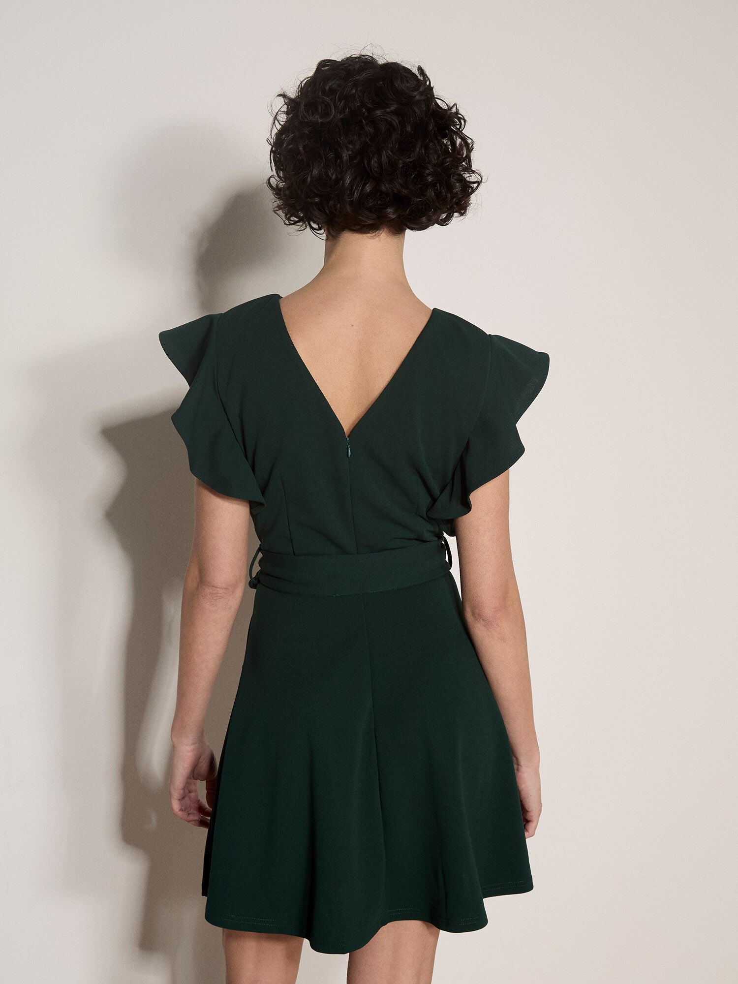 Apricot- Jersey Crepe Ruffle Mini Dress in Green
