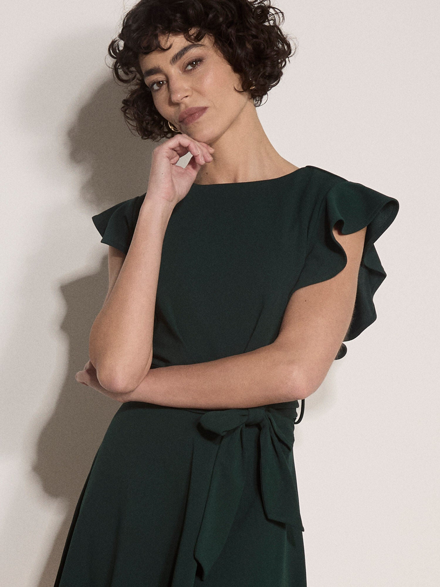 Apricot- Jersey Crepe Ruffle Mini Dress in Green