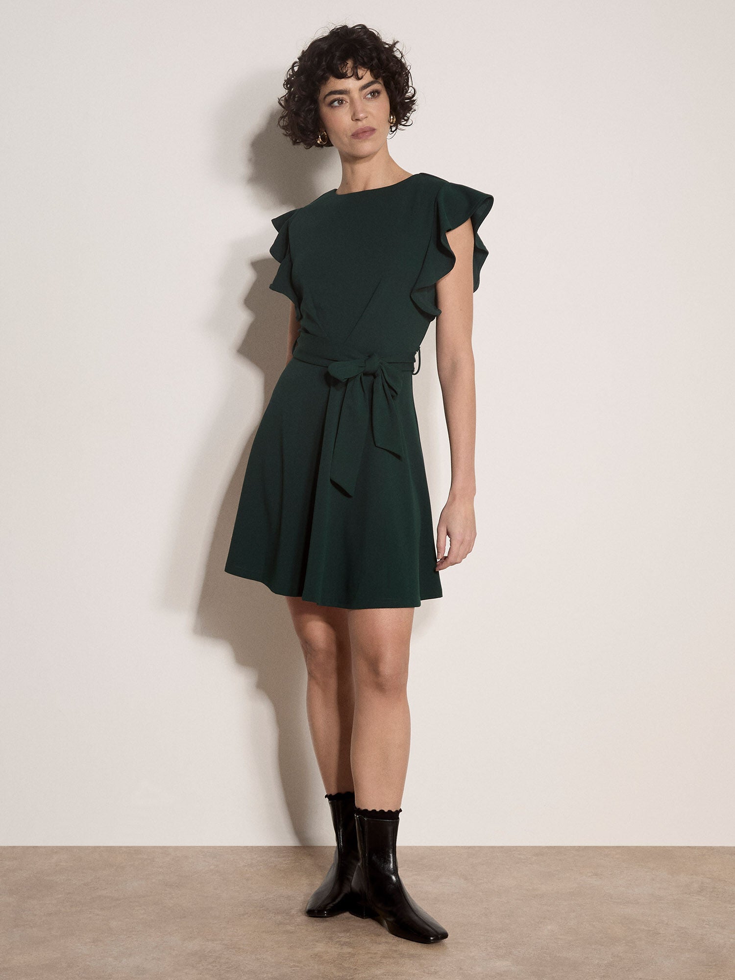 Apricot- Jersey Crepe Ruffle Mini Dress in Green