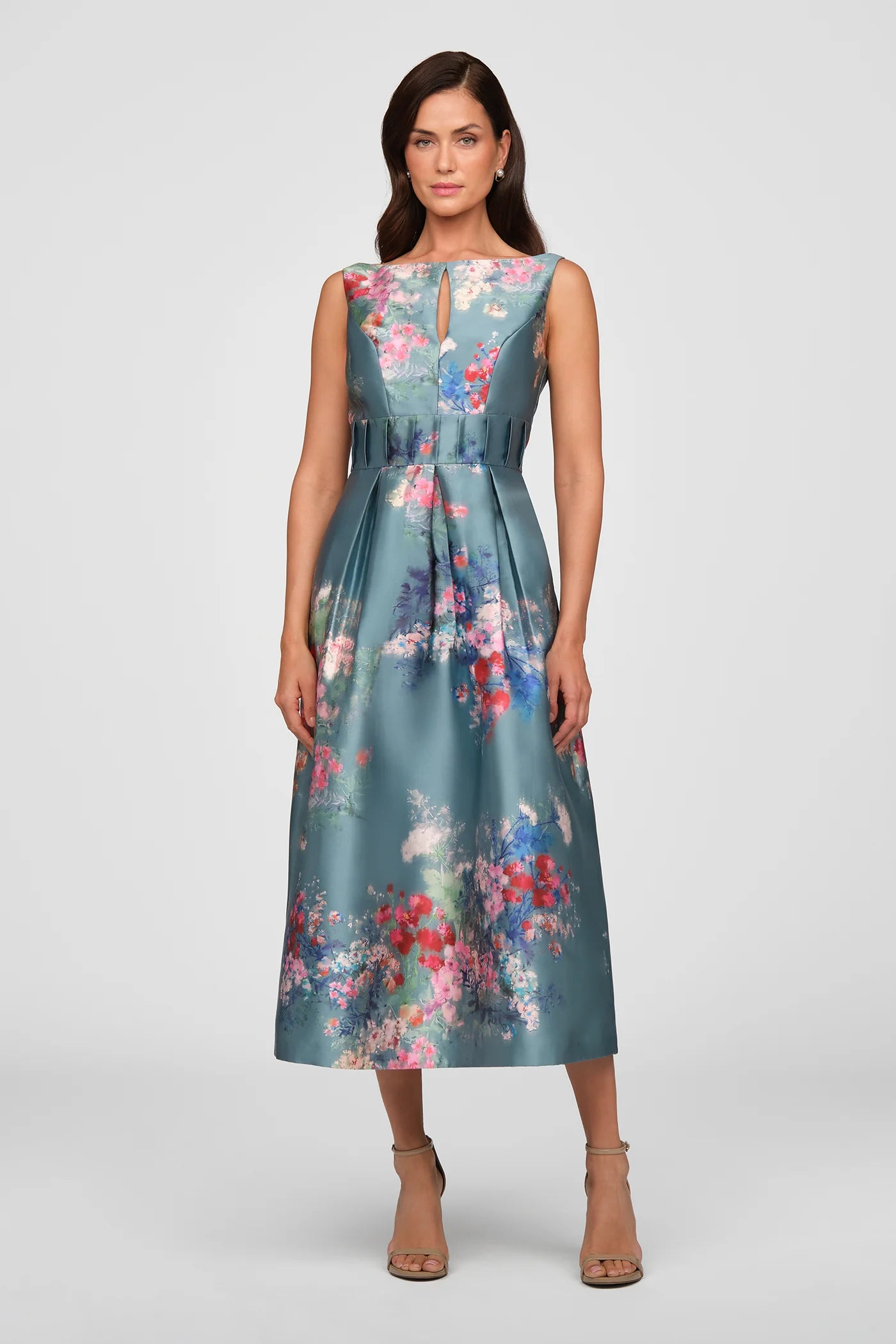 Kay Unger- Hara Tea Length Dress in Cyan Multi