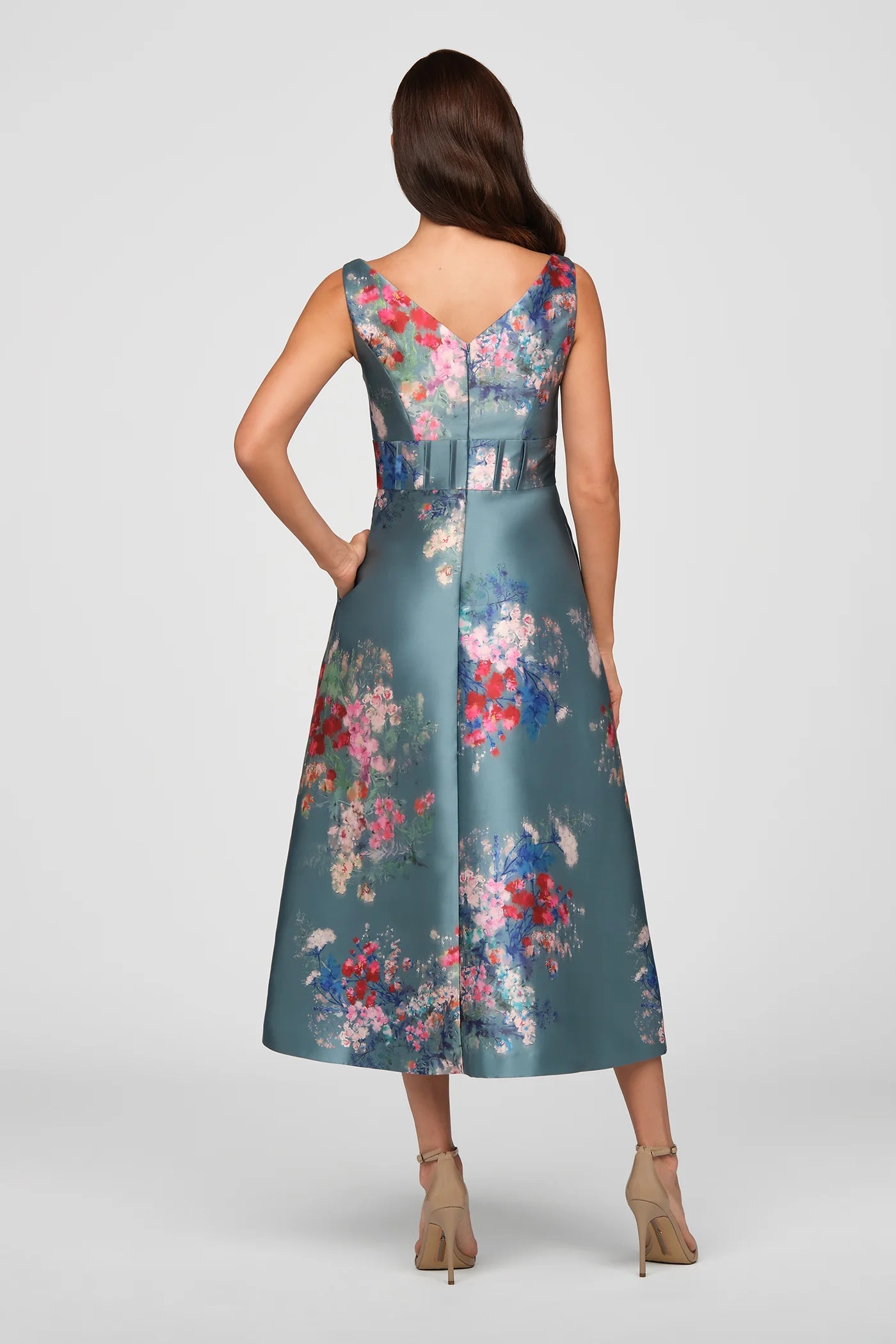Kay Unger- Hara Tea Length Dress in Cyan Multi