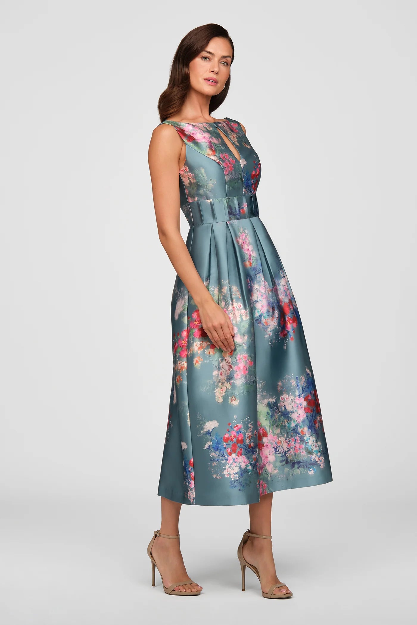 Kay Unger- Hara Tea Length Dress in Cyan Multi