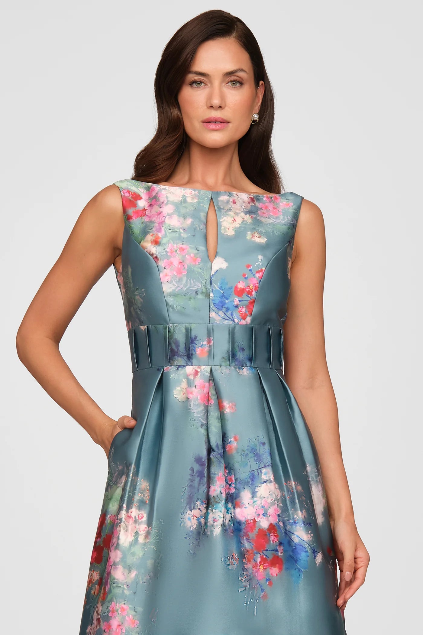 Kay Unger- Hara Tea Length Dress in Cyan Multi