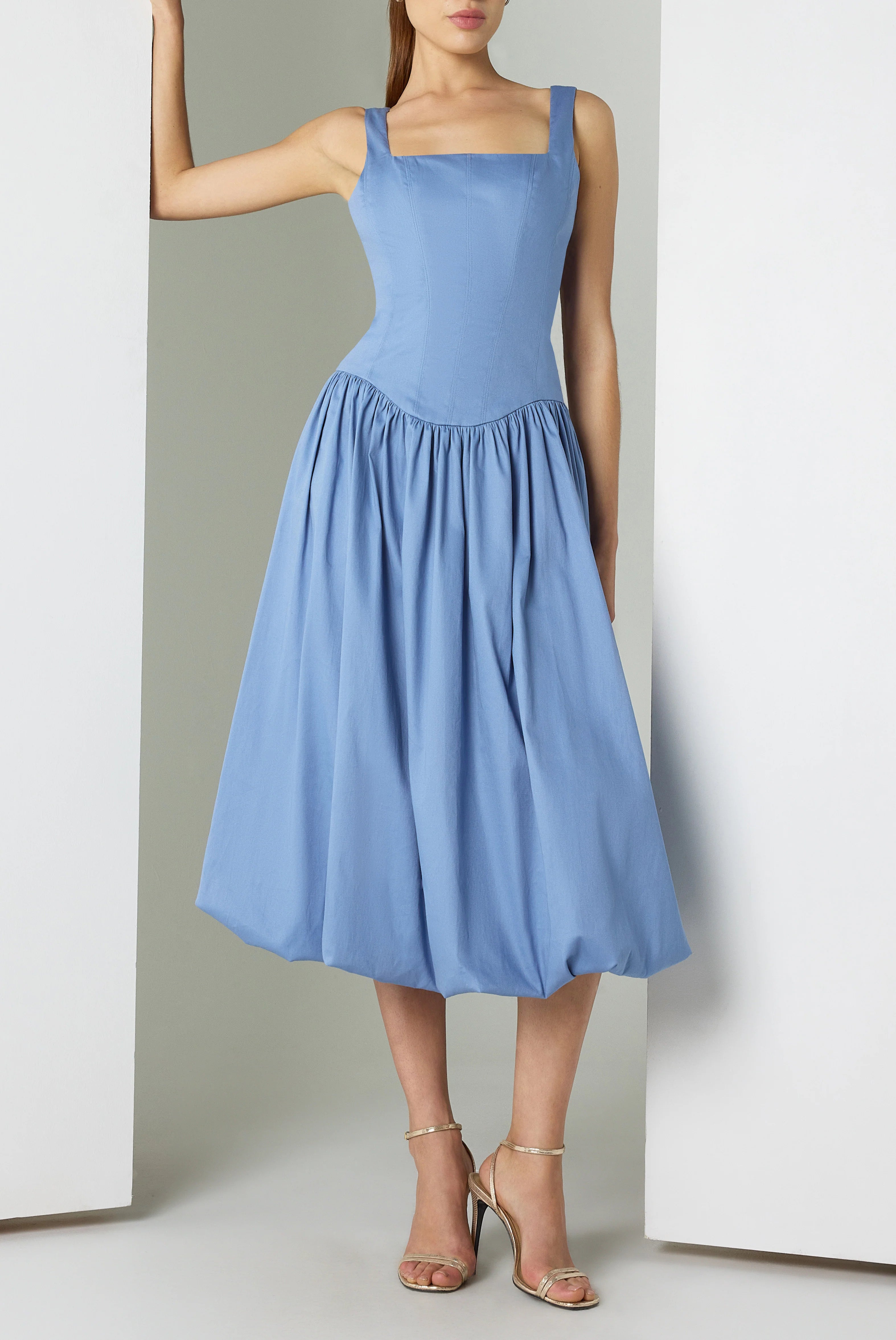 Black Halo- Birdie Midi Dress in Cornflower Blue