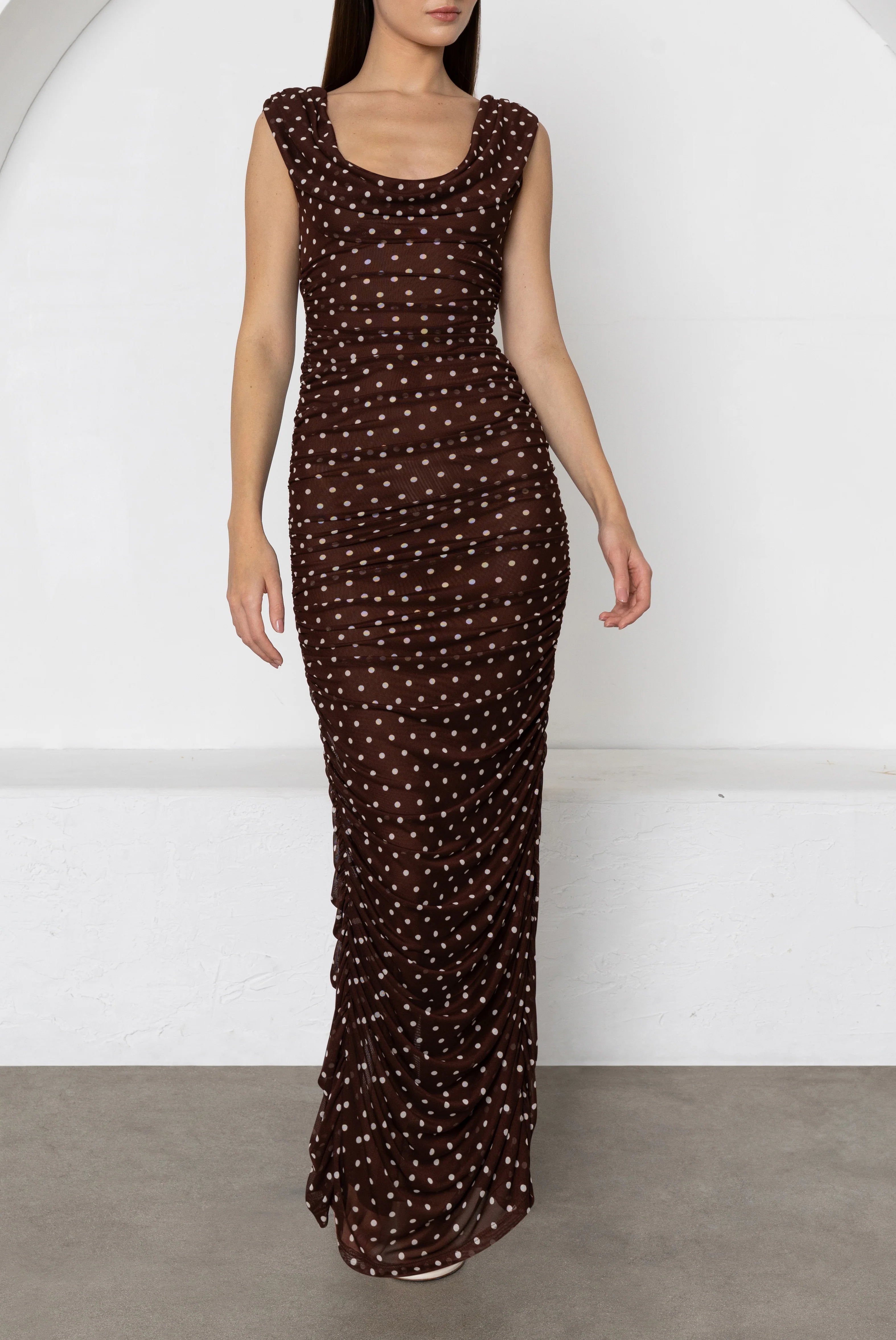 Black Halo- Evangeline Maxi Dress in Cocoa Dot