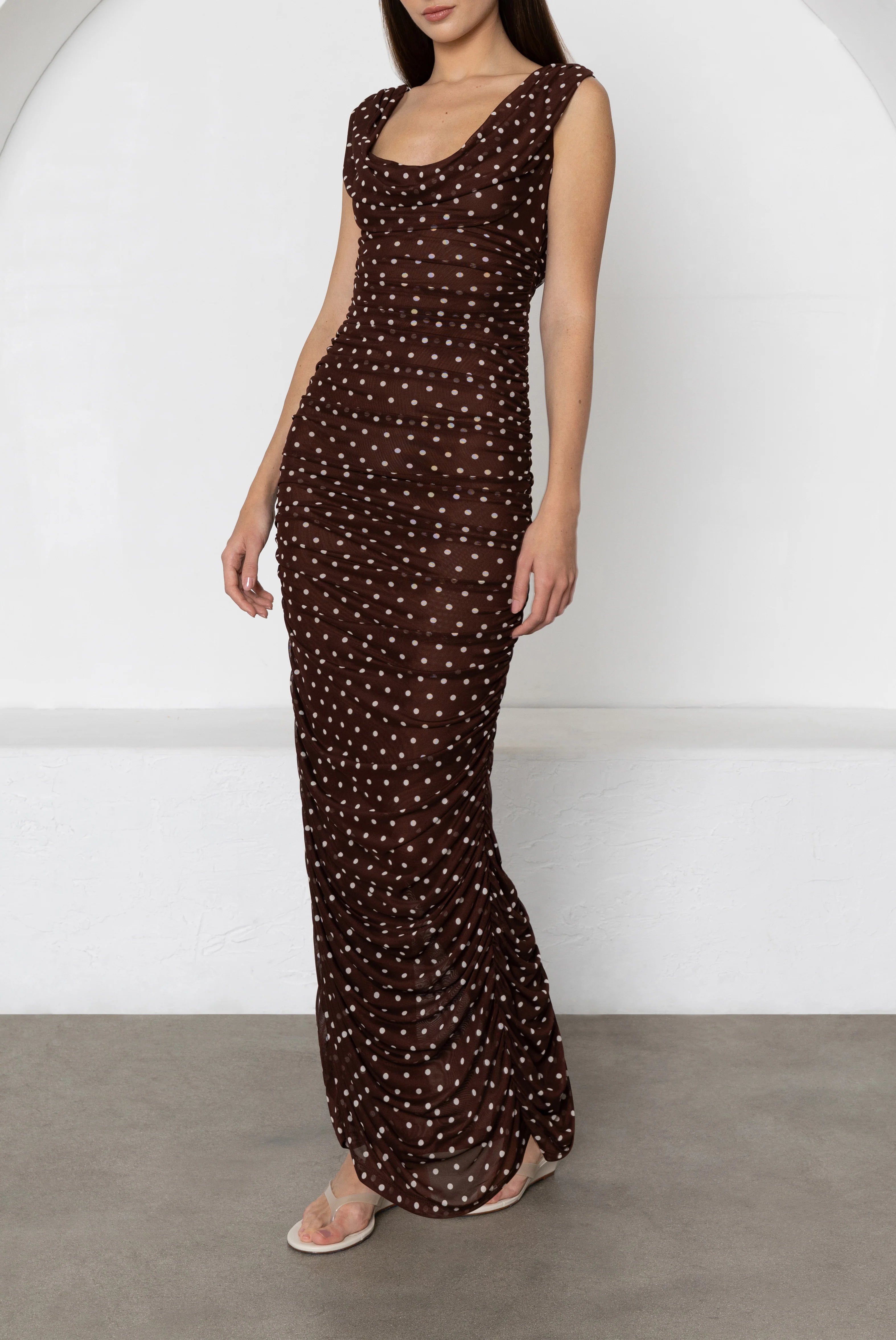 Black Halo- Evangeline Maxi Dress in Cocoa Dot